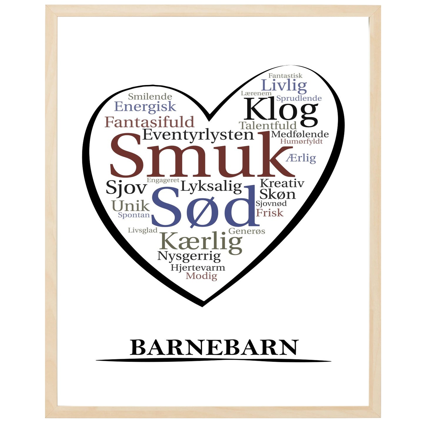 En plakat med overskriften Barnebarn, et hjerte og indeni hjertet mange positive ord som beskriver en Barnebarn