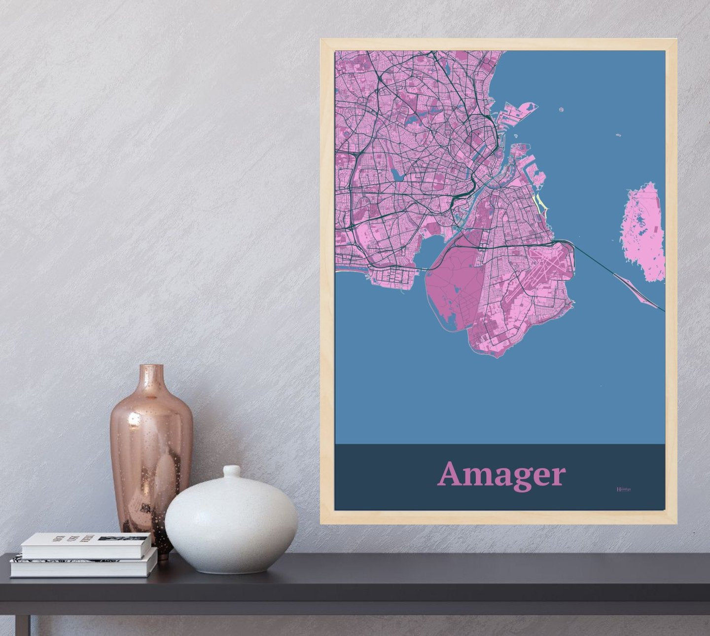 Amager plakat i farve og HjemEgn.dk design firkantet. Design ø-kort for Amager