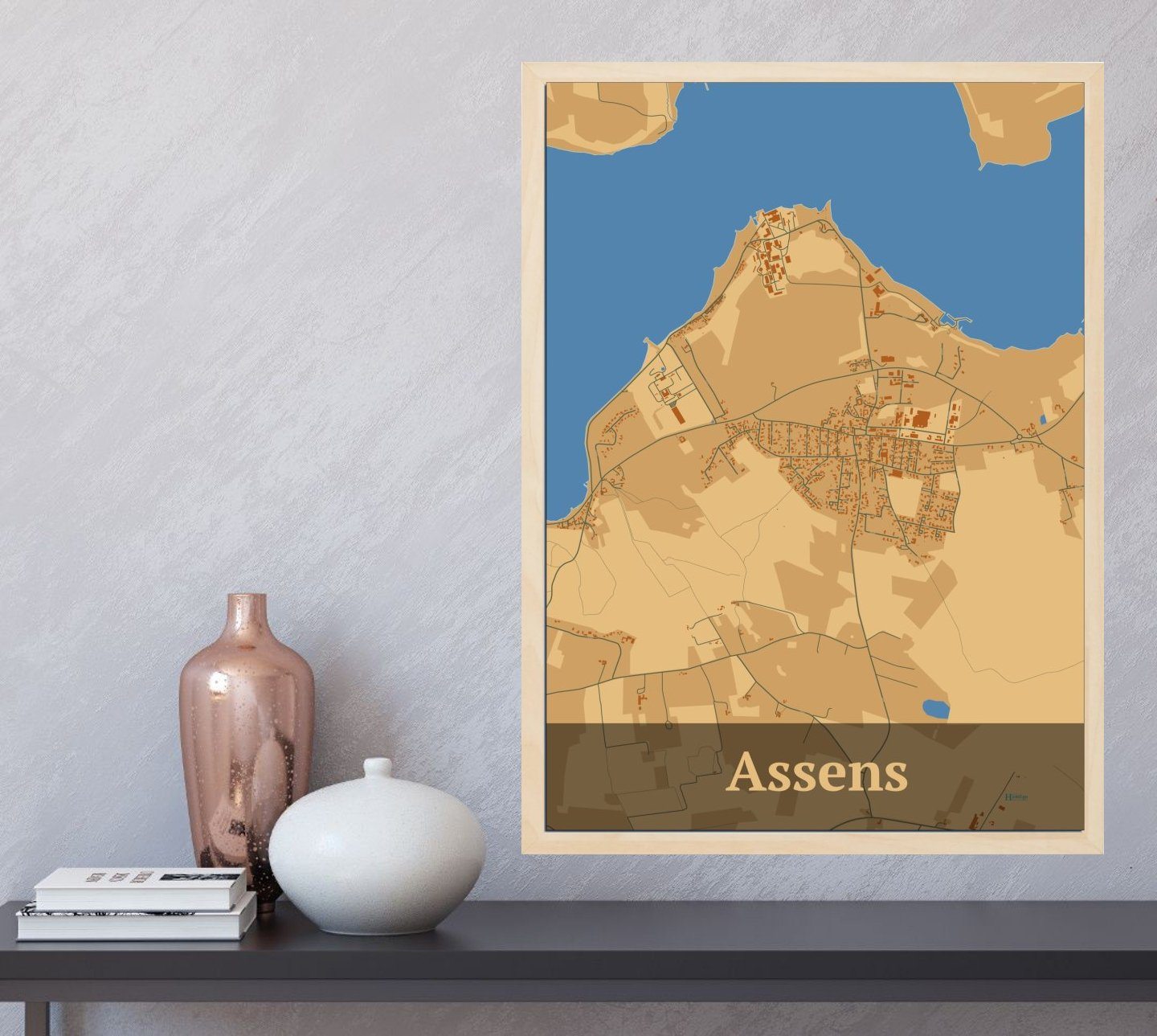 Assens plakat i farve og HjemEgn.dk design firkantet. Design bykort for Assens