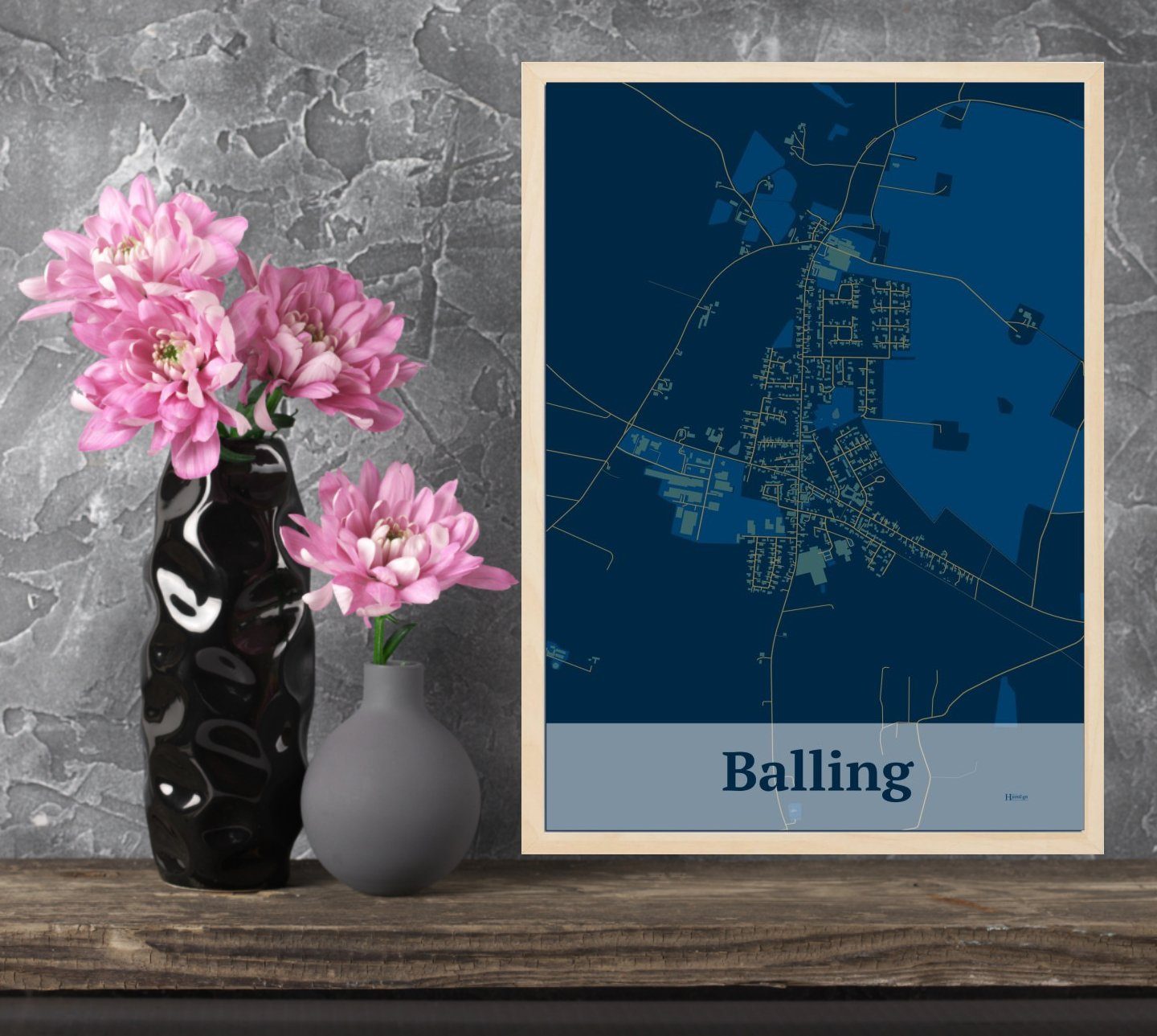 Balling plakat i farve og HjemEgn.dk design firkantet. Design bykort for Balling