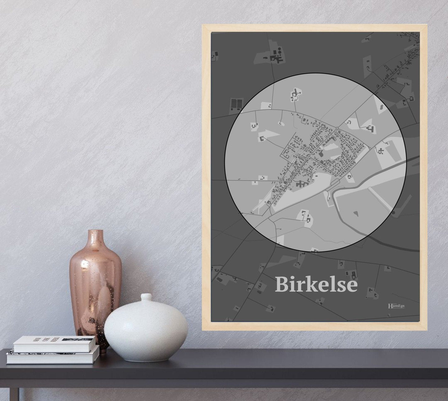 Birkelse plakat i farve og HjemEgn.dk design centrum. Design bykort for Birkelse