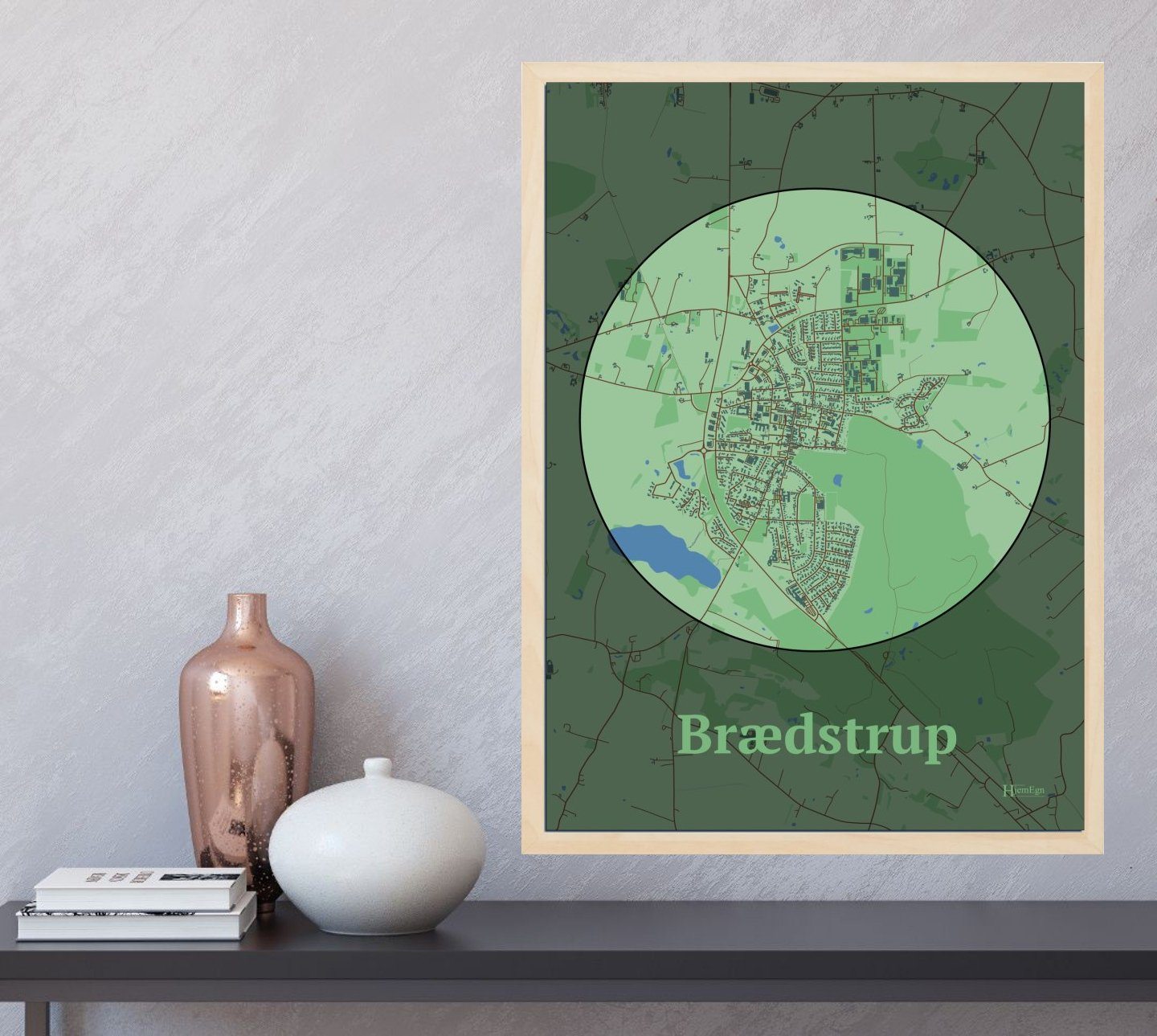 Brædstrup plakat i farve og HjemEgn.dk design centrum. Design bykort for Brædstrup