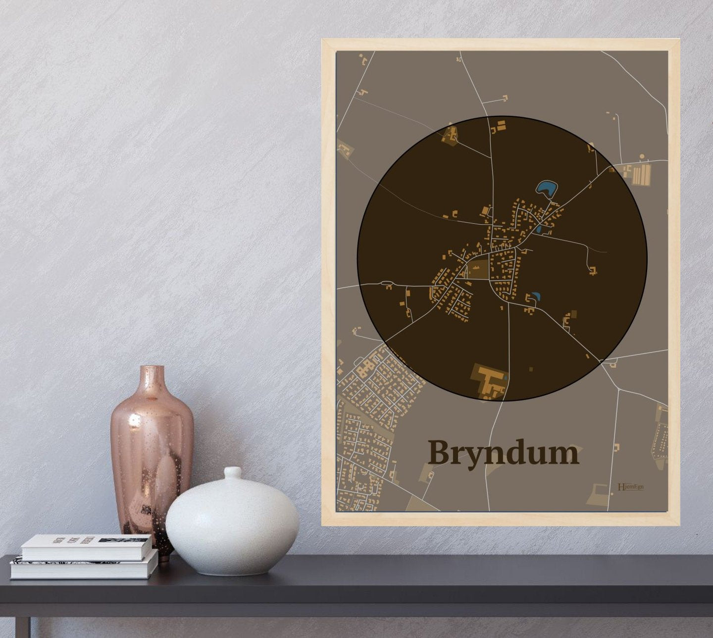 Bryndum plakat i farve og HjemEgn.dk design centrum. Design bykort for Bryndum