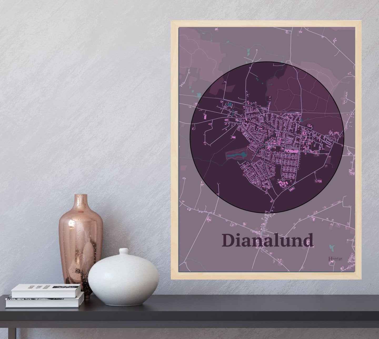 Dianalund plakat i farve og HjemEgn.dk design centrum. Design bykort for Dianalund