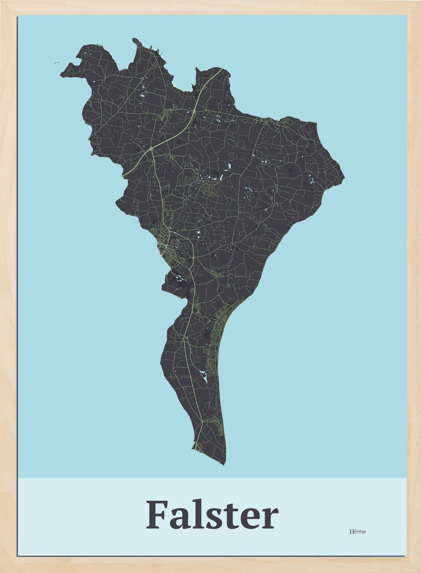 Falster plakat i farve mørk brun og HjemEgn.dk design firkantet. Design ø-kort for Falster