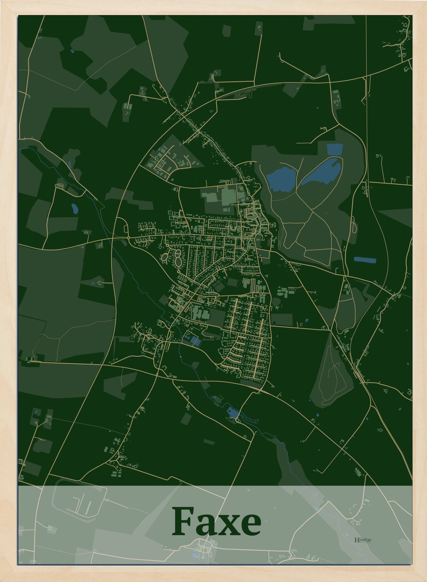 Faxe plakat i farve mørk grøn og HjemEgn.dk design firkantet. Design bykort for Faxe