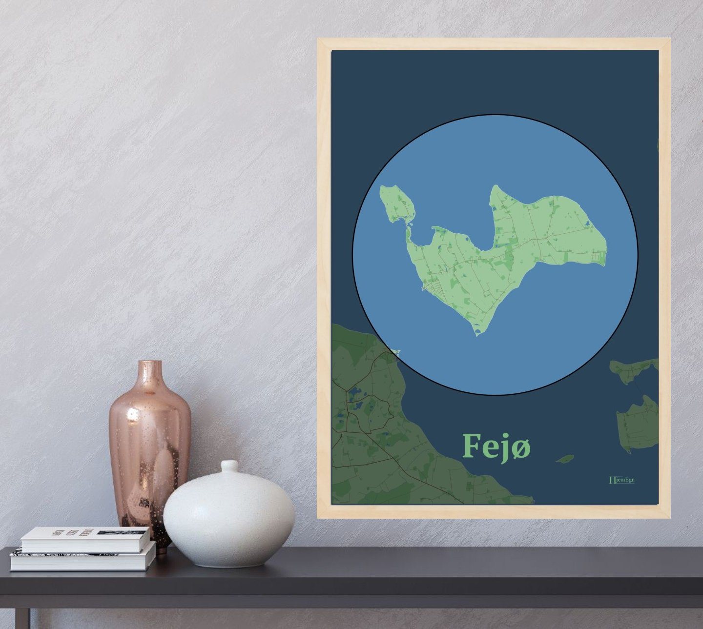 Fejø plakat i farve og HjemEgn.dk design centrum. Design ø-kort for Fejø