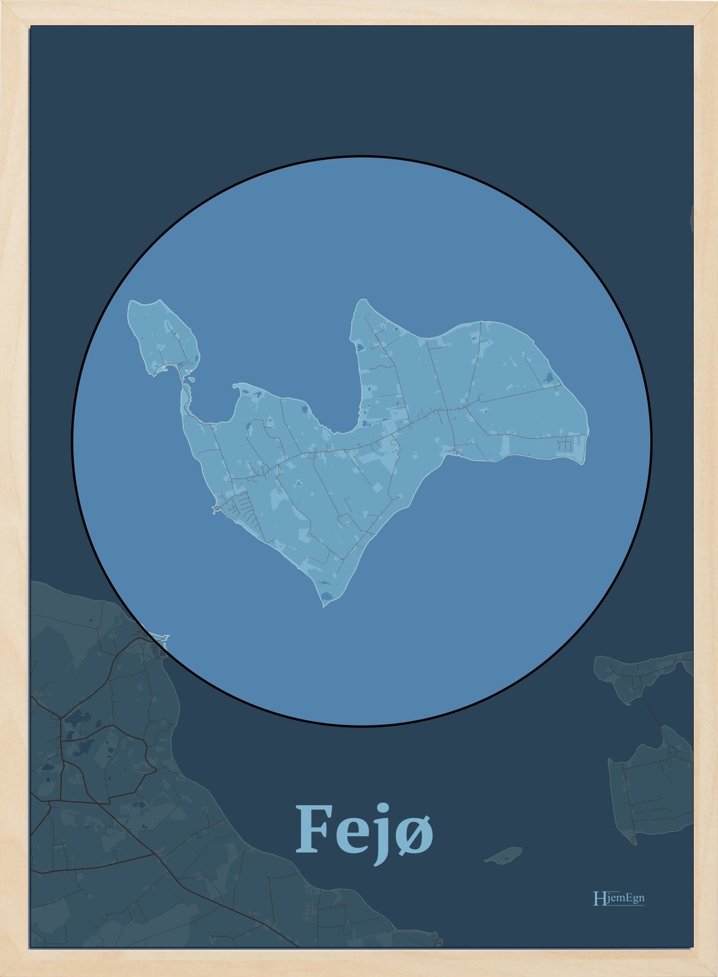 Fejø plakat i farve pastel blå og HjemEgn.dk design centrum. Design ø-kort for Fejø