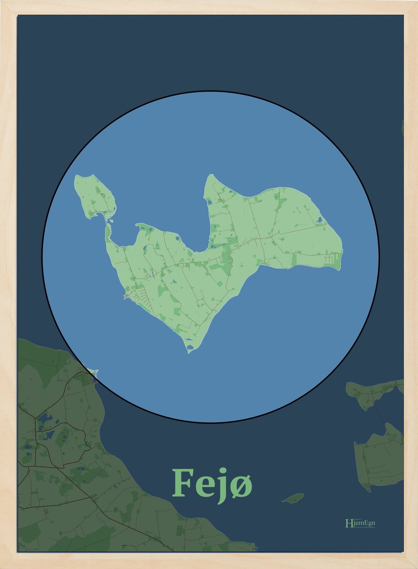 Fejø plakat i farve pastel grøn og HjemEgn.dk design centrum. Design ø-kort for Fejø