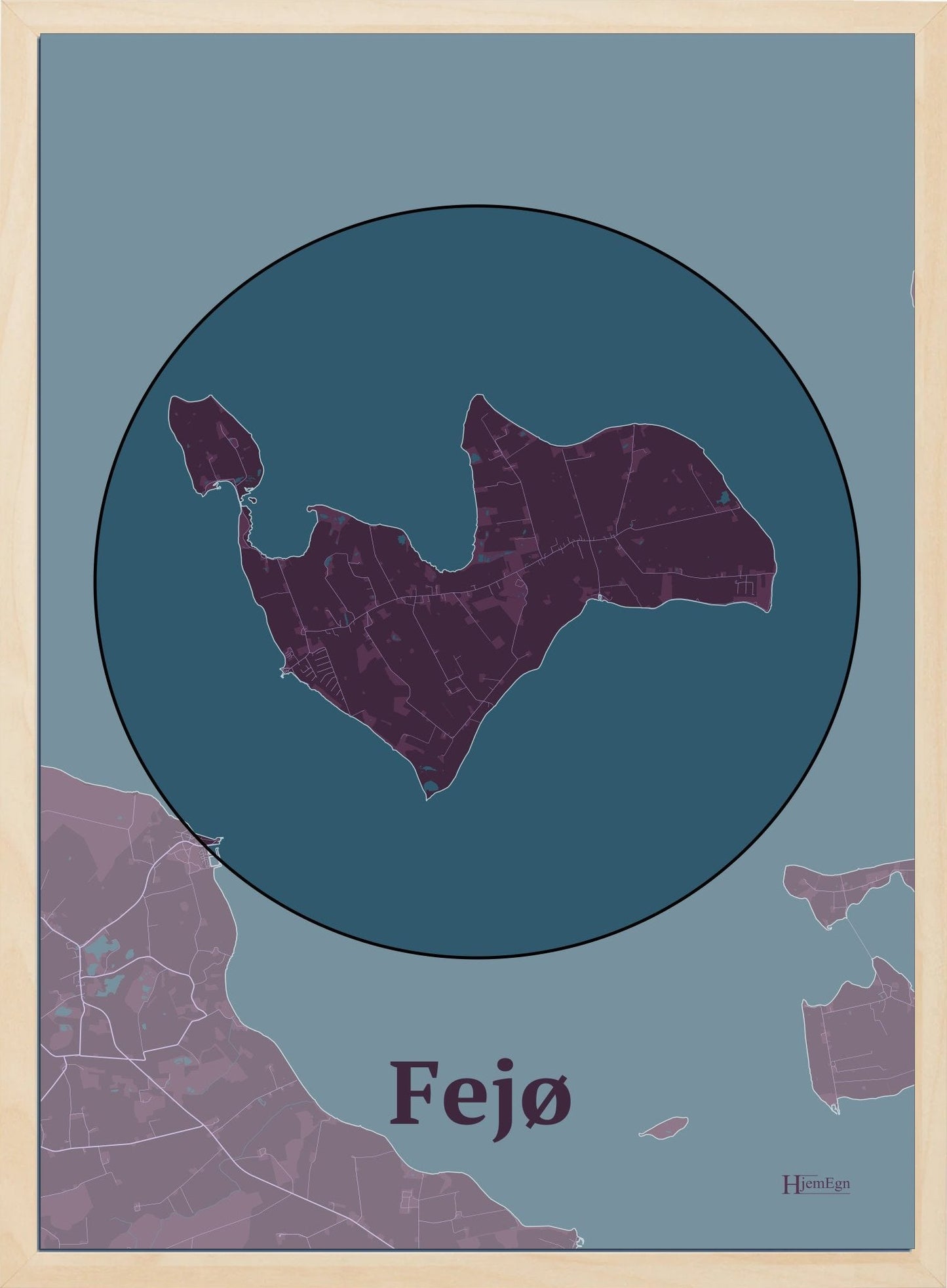 Fejø plakat i farve mørk rød og HjemEgn.dk design centrum. Design ø-kort for Fejø