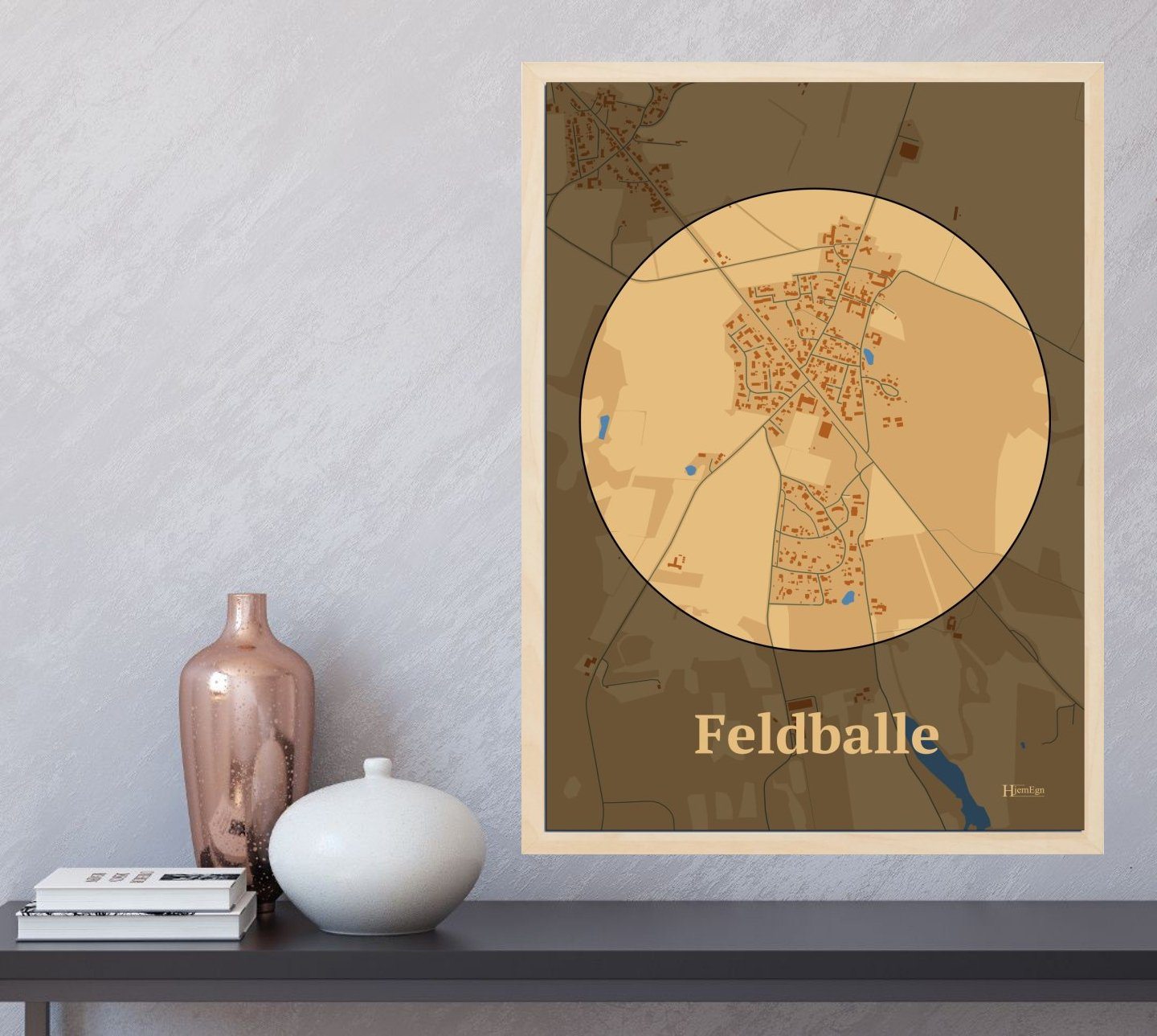 Feldballe plakat i farve og HjemEgn.dk design centrum. Design bykort for Feldballe