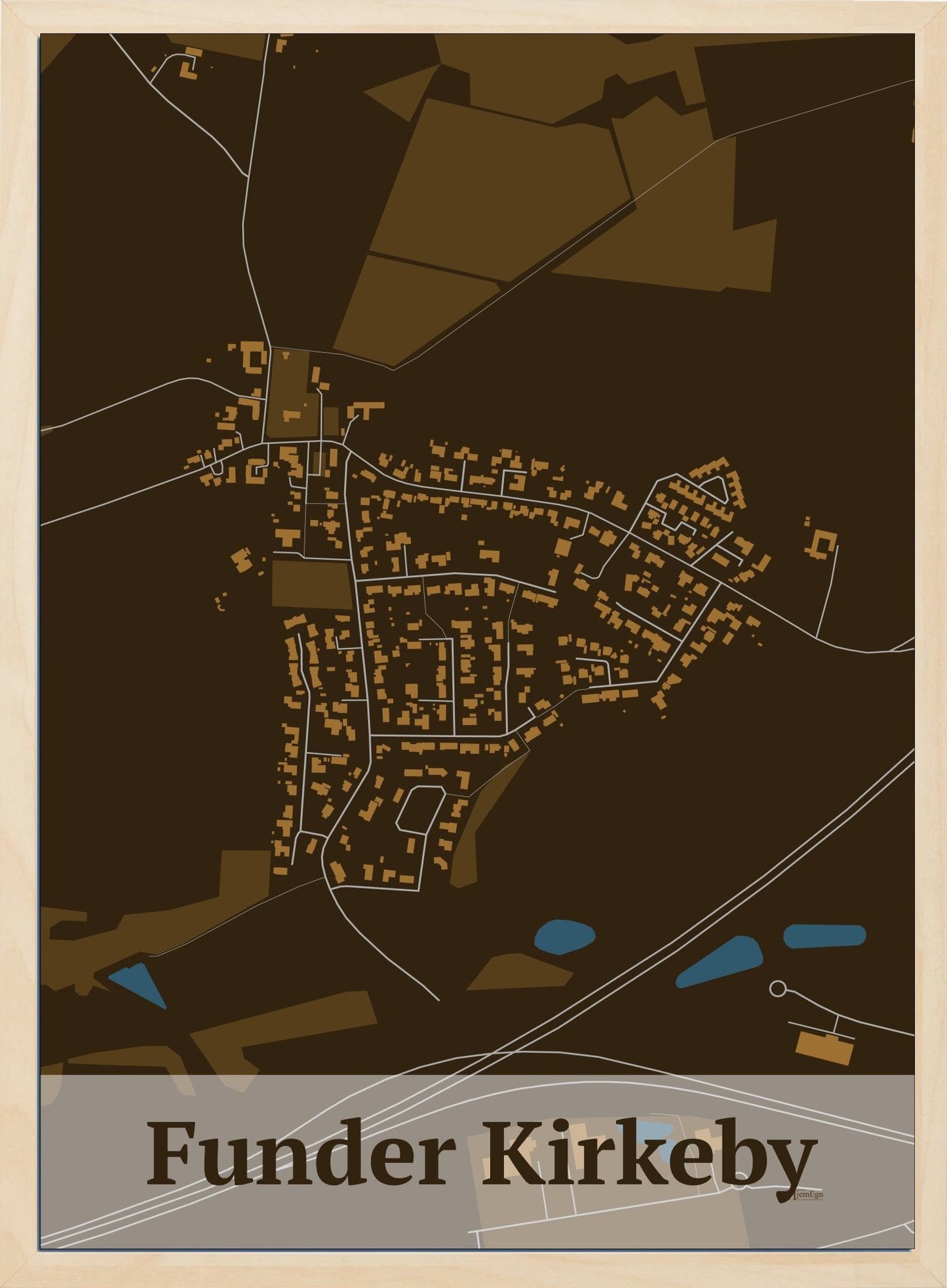 Funder Kirkeby plakat i farve mørk brun og HjemEgn.dk design firkantet. Design bykort for Funder Kirkeby