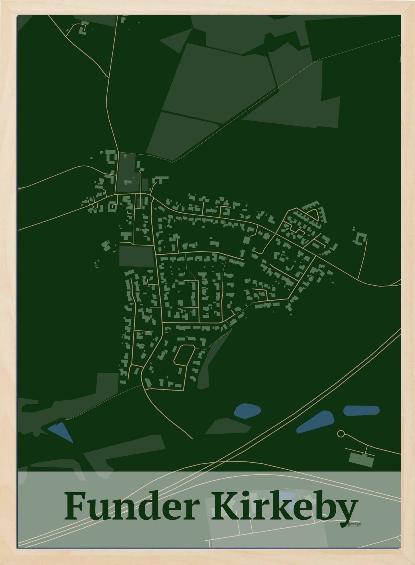 Funder Kirkeby plakat i farve mørk grøn og HjemEgn.dk design firkantet. Design bykort for Funder Kirkeby