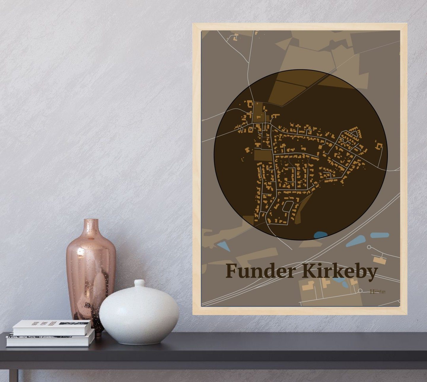 Funder Kirkeby plakat i farve og HjemEgn.dk design centrum. Design bykort for Funder Kirkeby