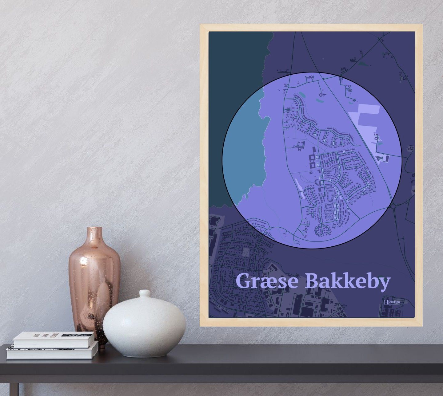 Græse Bakkeby plakat i farve og HjemEgn.dk design centrum. Design bykort for Græse Bakkeby