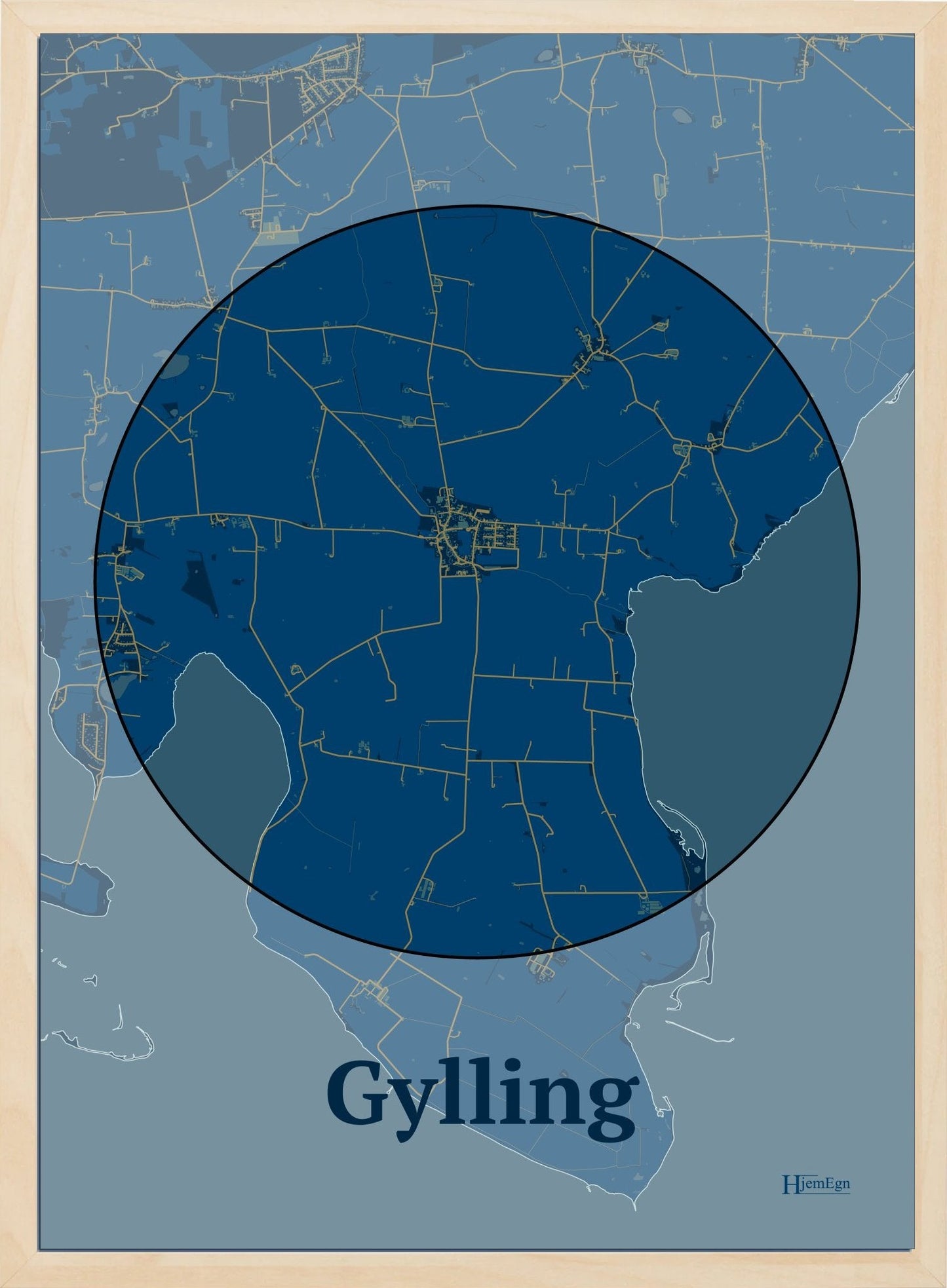 Gylling plakat i farve mørk blå og HjemEgn.dk design centrum. Design bykort for Gylling