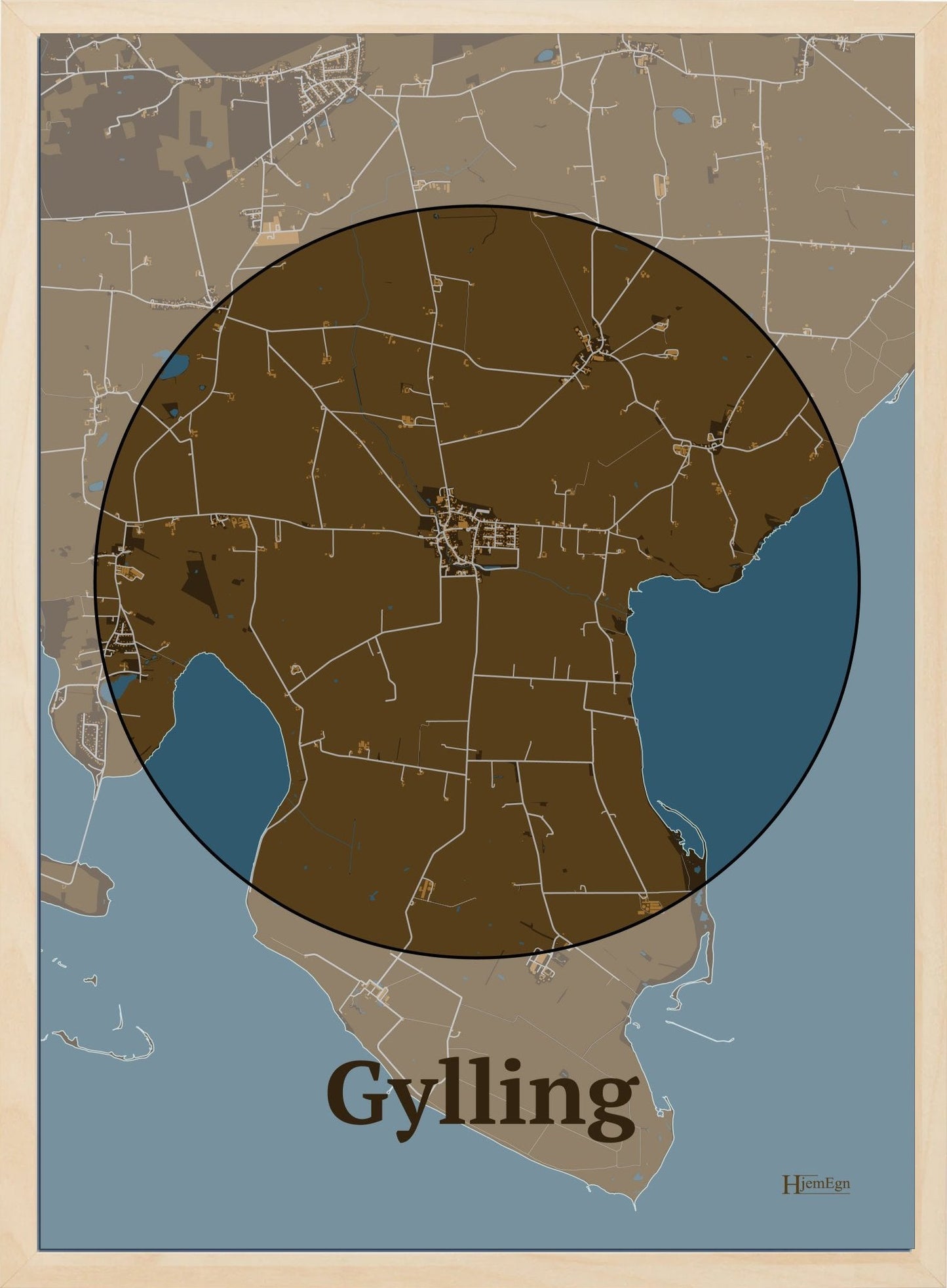 Gylling plakat i farve mørk brun og HjemEgn.dk design centrum. Design bykort for Gylling