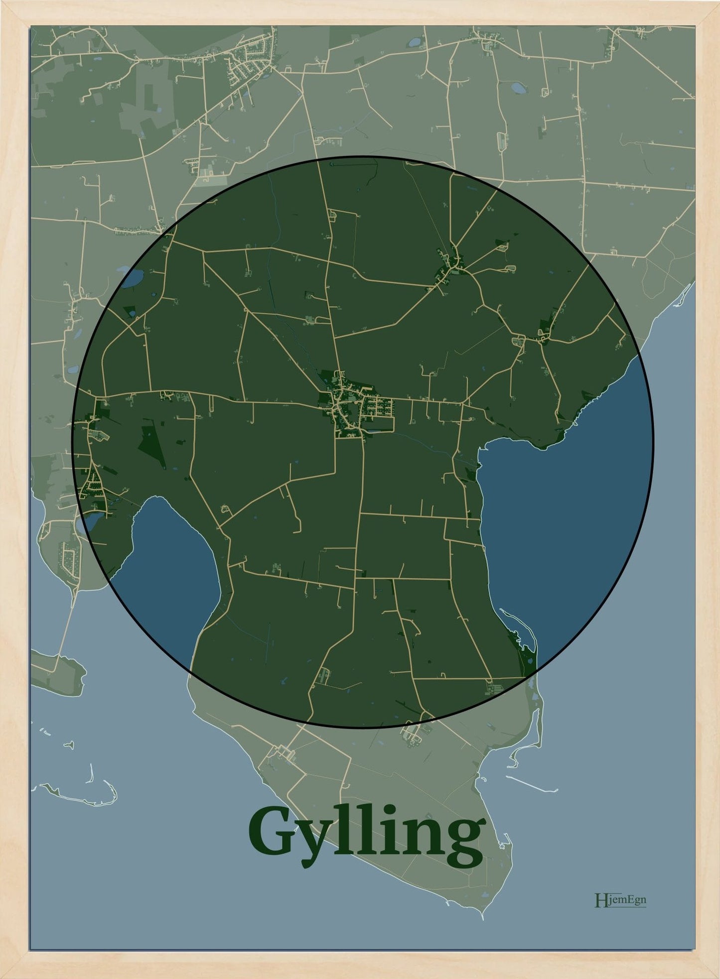 Gylling plakat i farve mørk grøn og HjemEgn.dk design centrum. Design bykort for Gylling