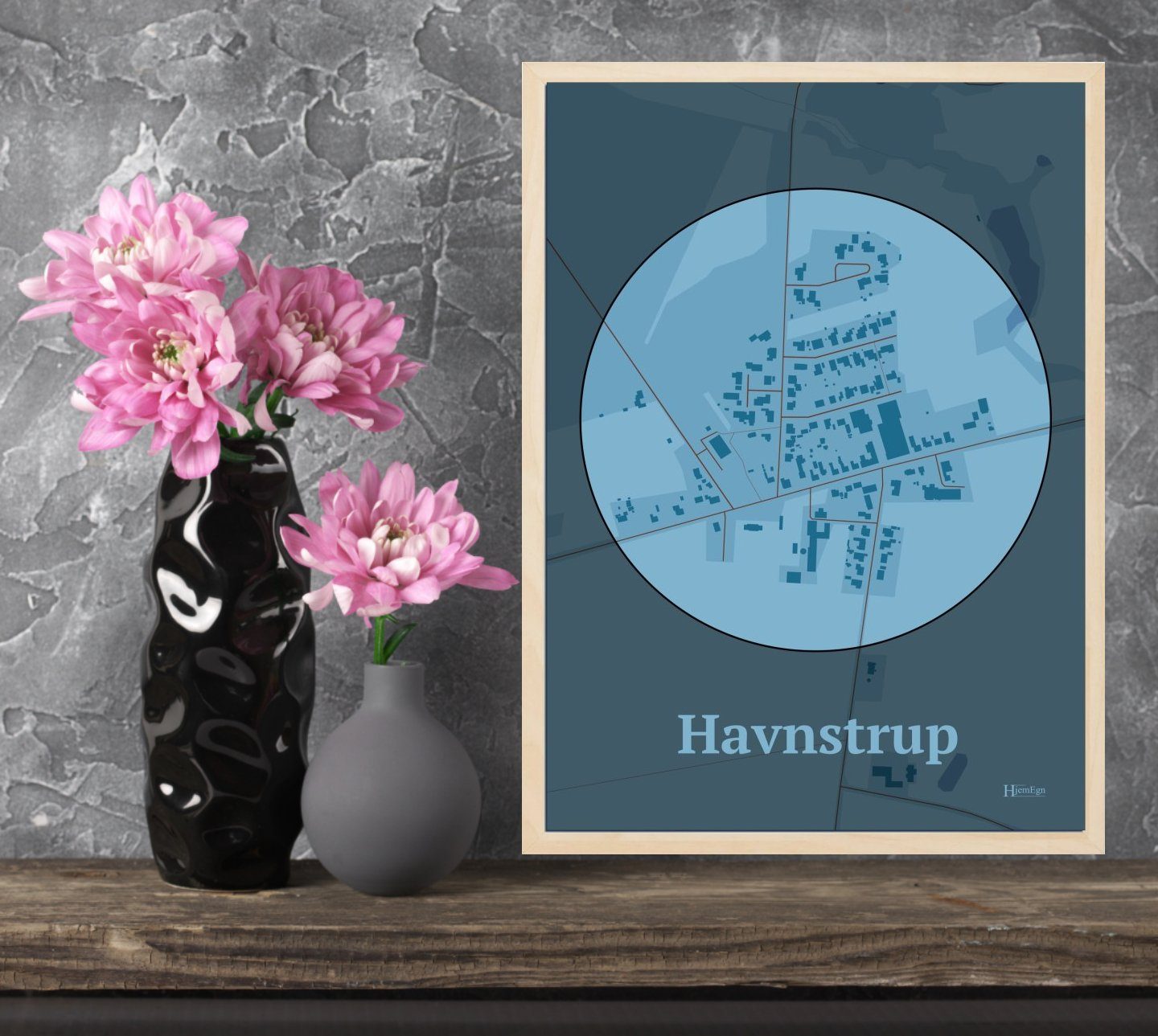 Havnstrup plakat i farve og HjemEgn.dk design centrum. Design bykort for Havnstrup