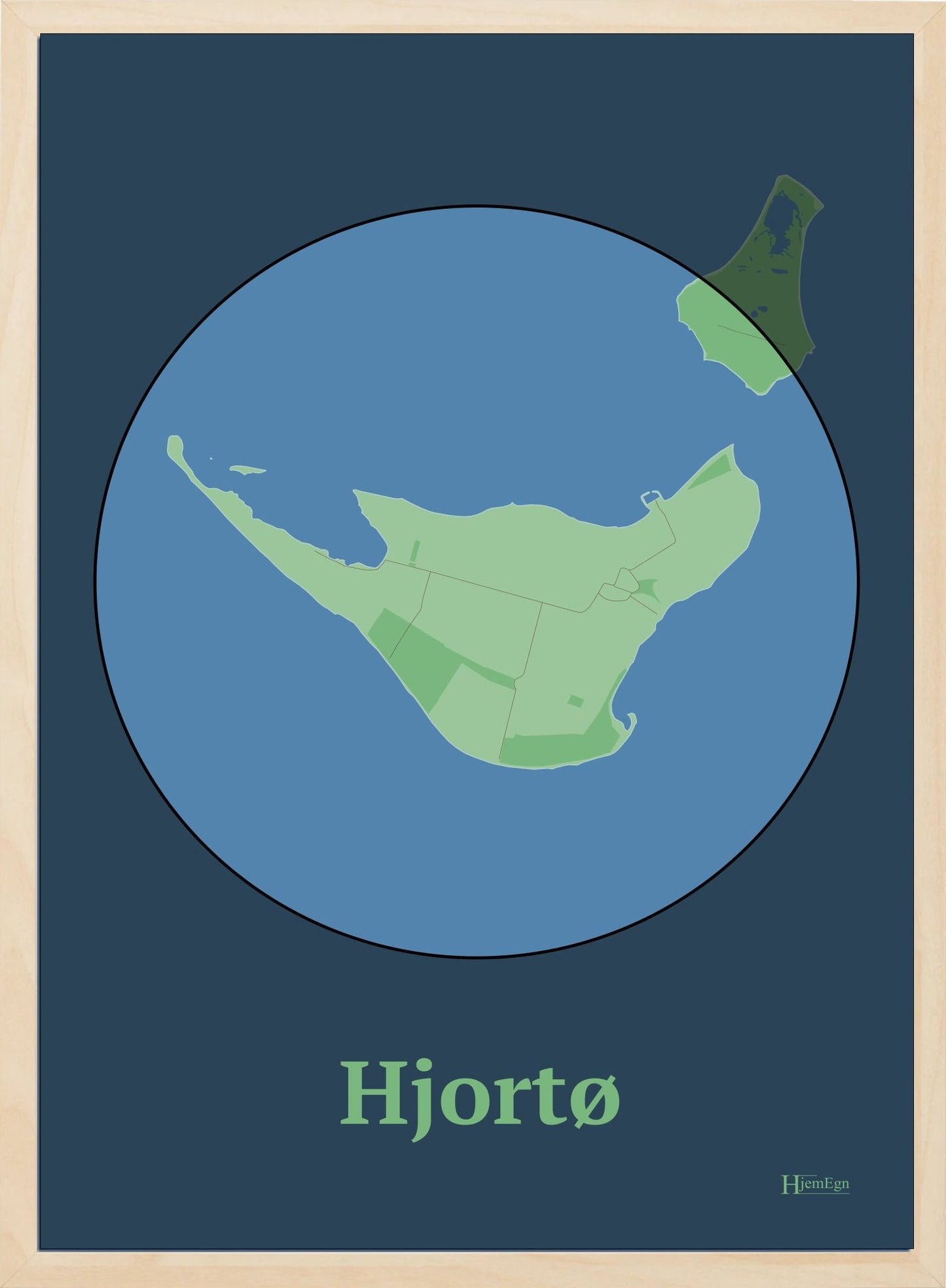 Hjortø plakat i farve pastel grøn og HjemEgn.dk design centrum. Design ø-kort for Hjortø