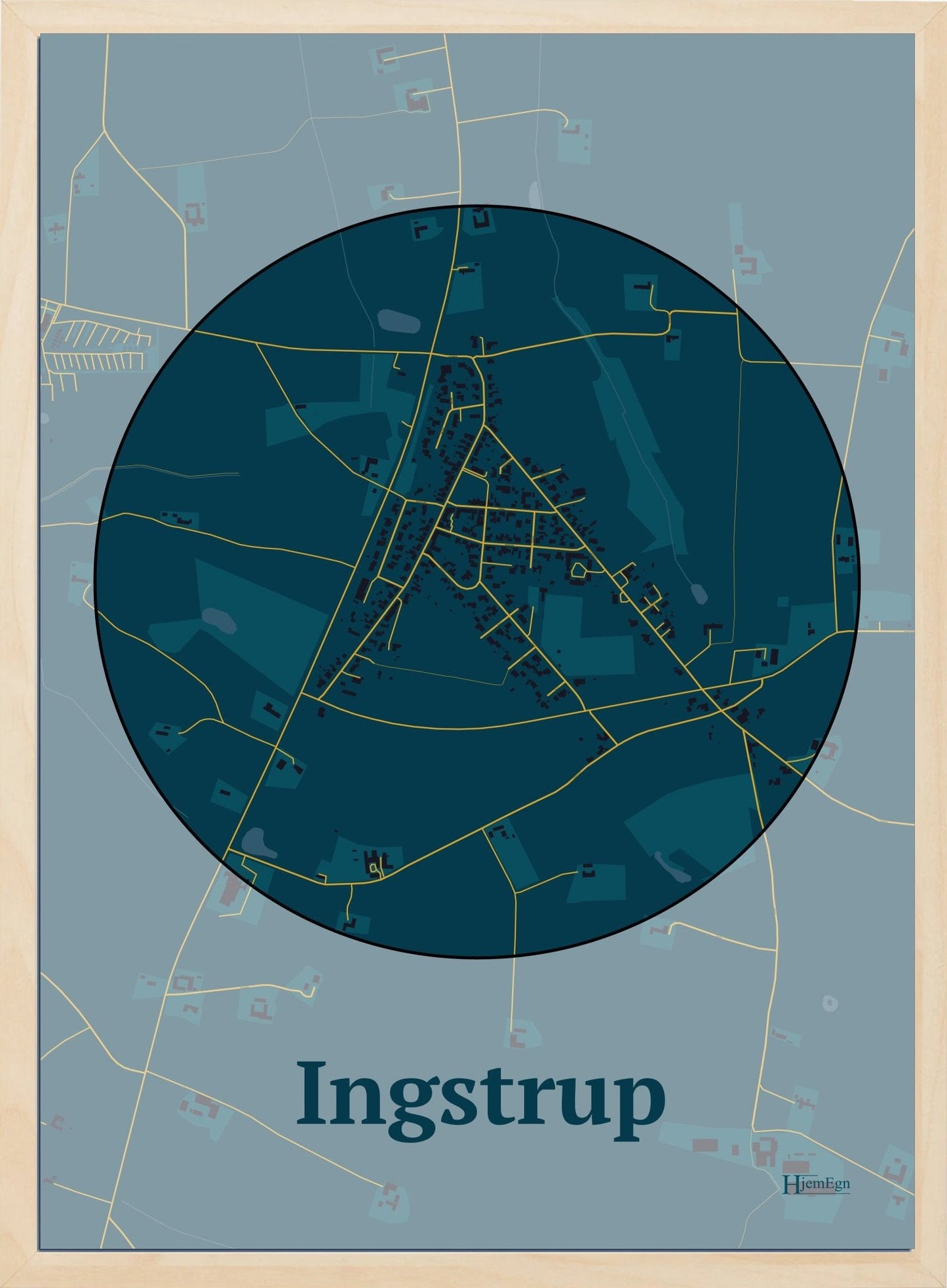Ingstrup plakat i farve mørk blå og HjemEgn.dk design centrum. Design bykort for Ingstrup