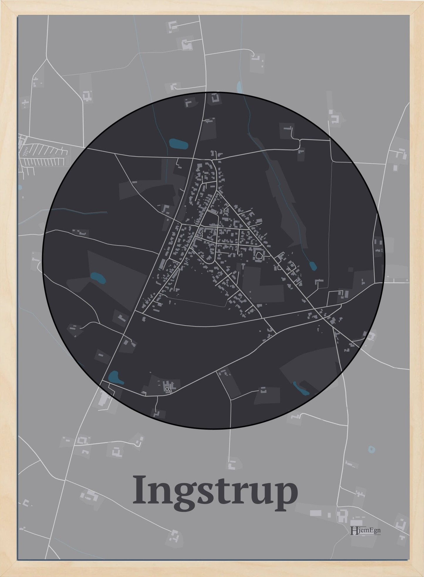 Ingstrup plakat i farve mørk brun og HjemEgn.dk design centrum. Design bykort for Ingstrup