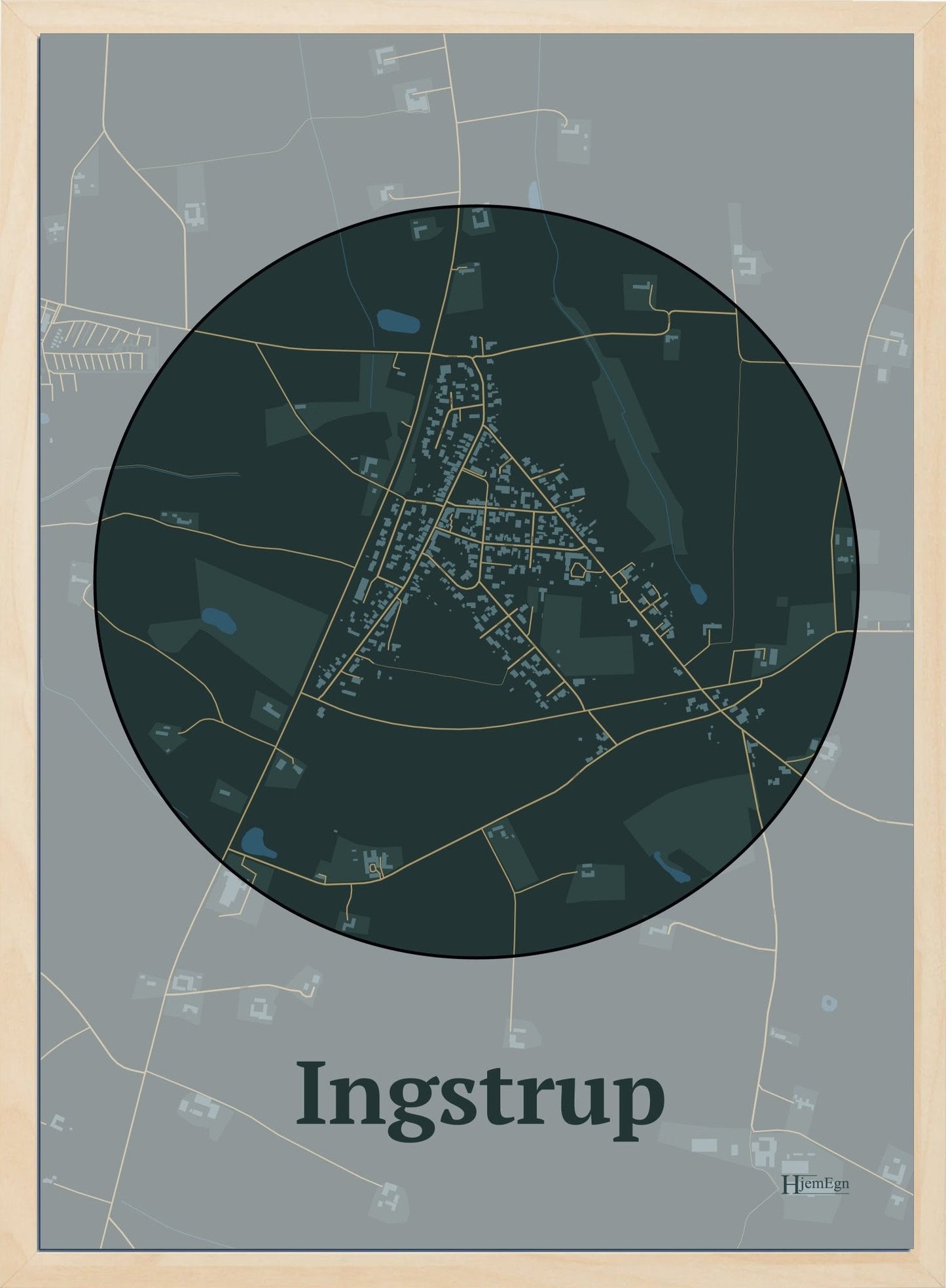 Ingstrup plakat i farve mørk grøn og HjemEgn.dk design centrum. Design bykort for Ingstrup