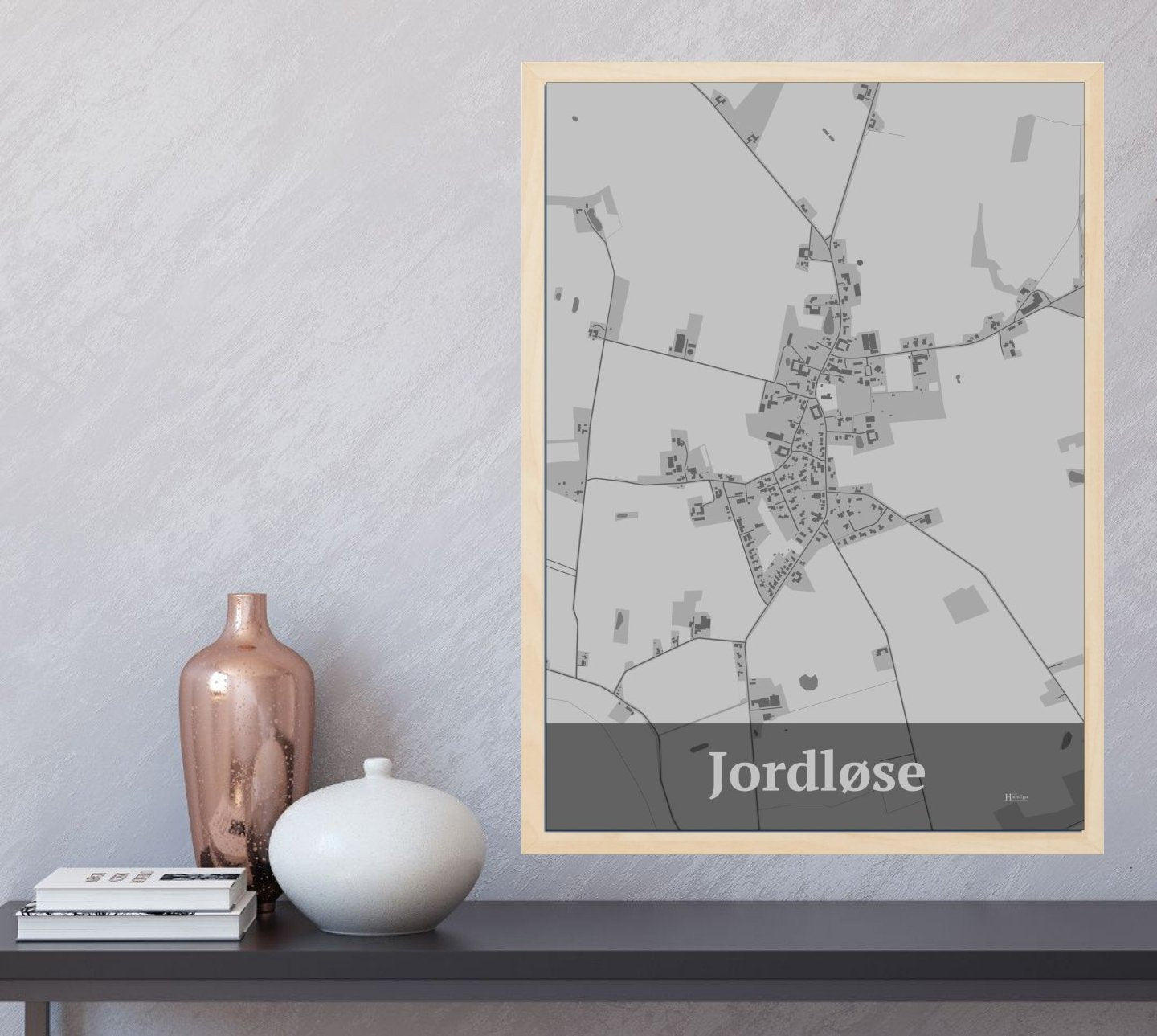 Jordløse plakat i farve og HjemEgn.dk design firkantet. Design bykort for Jordløse
