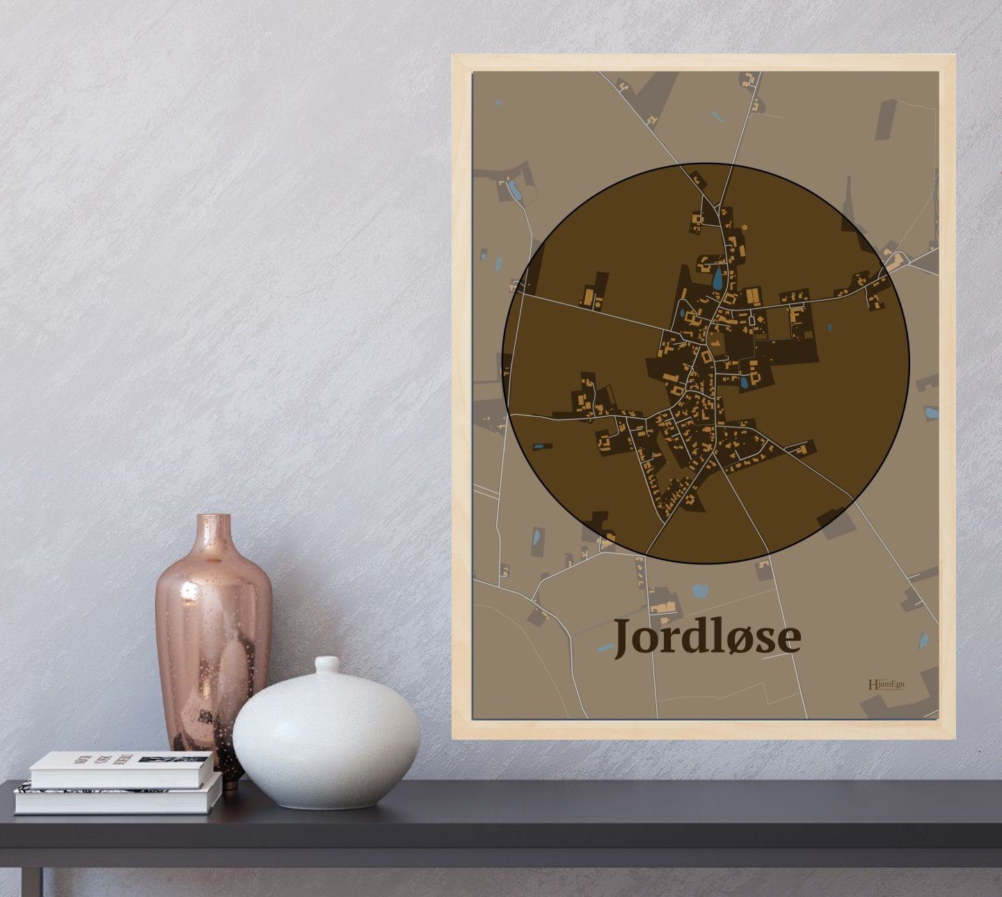 Jordløse plakat i farve og HjemEgn.dk design centrum. Design bykort for Jordløse