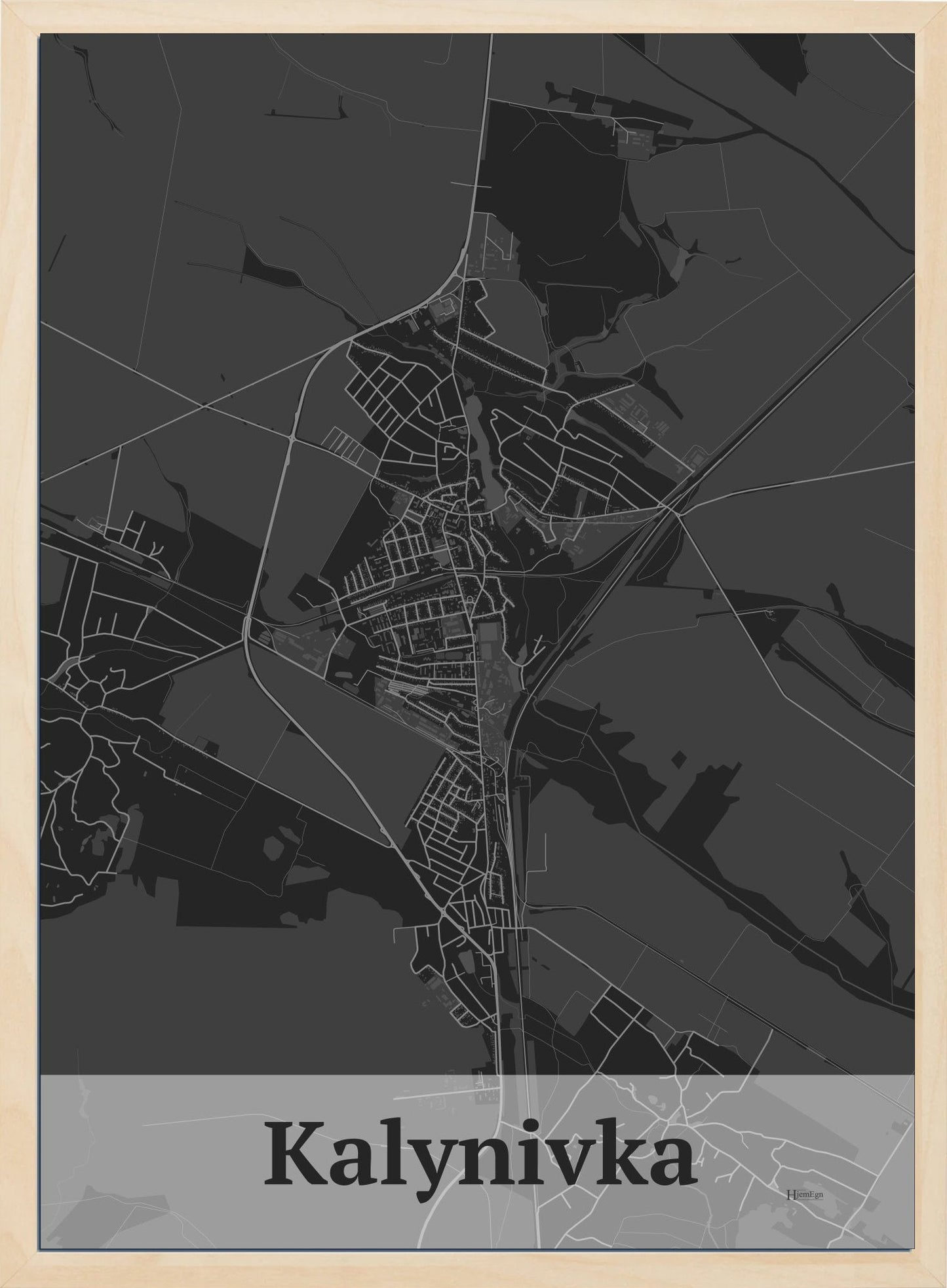 Kalynivka plakat i mørk grå og HjemEgn.dk design firkantet. Design bykort for Kalynivka