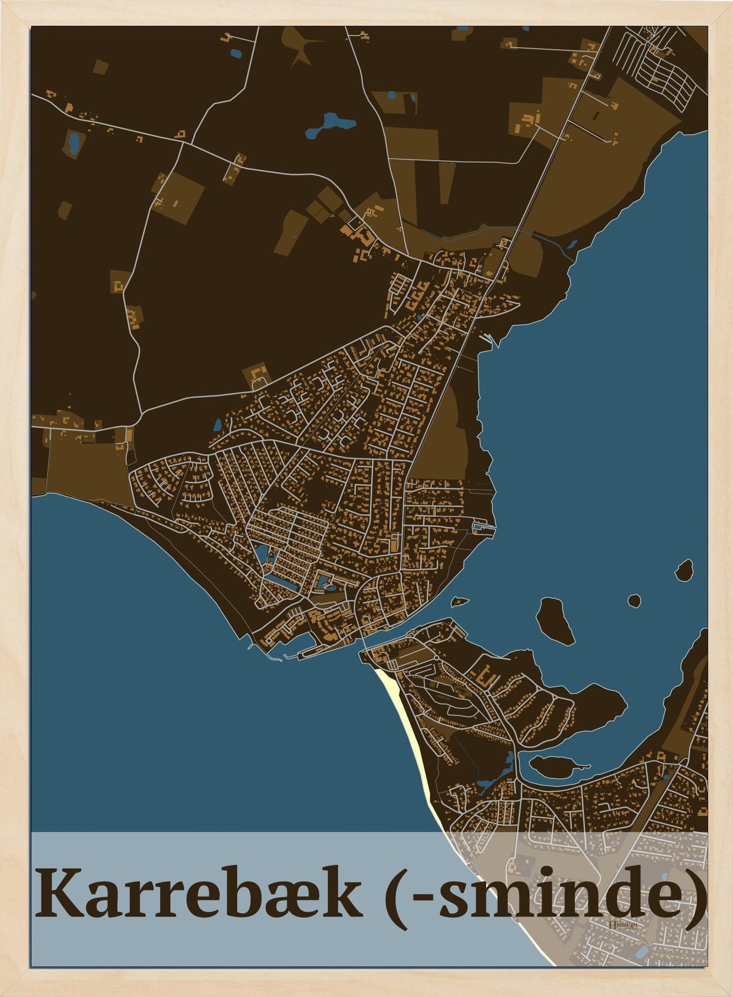 Karrebæk (-sminde) plakat i farve mørk brun og HjemEgn.dk design firkantet. Design bykort for Karrebæk (-sminde)