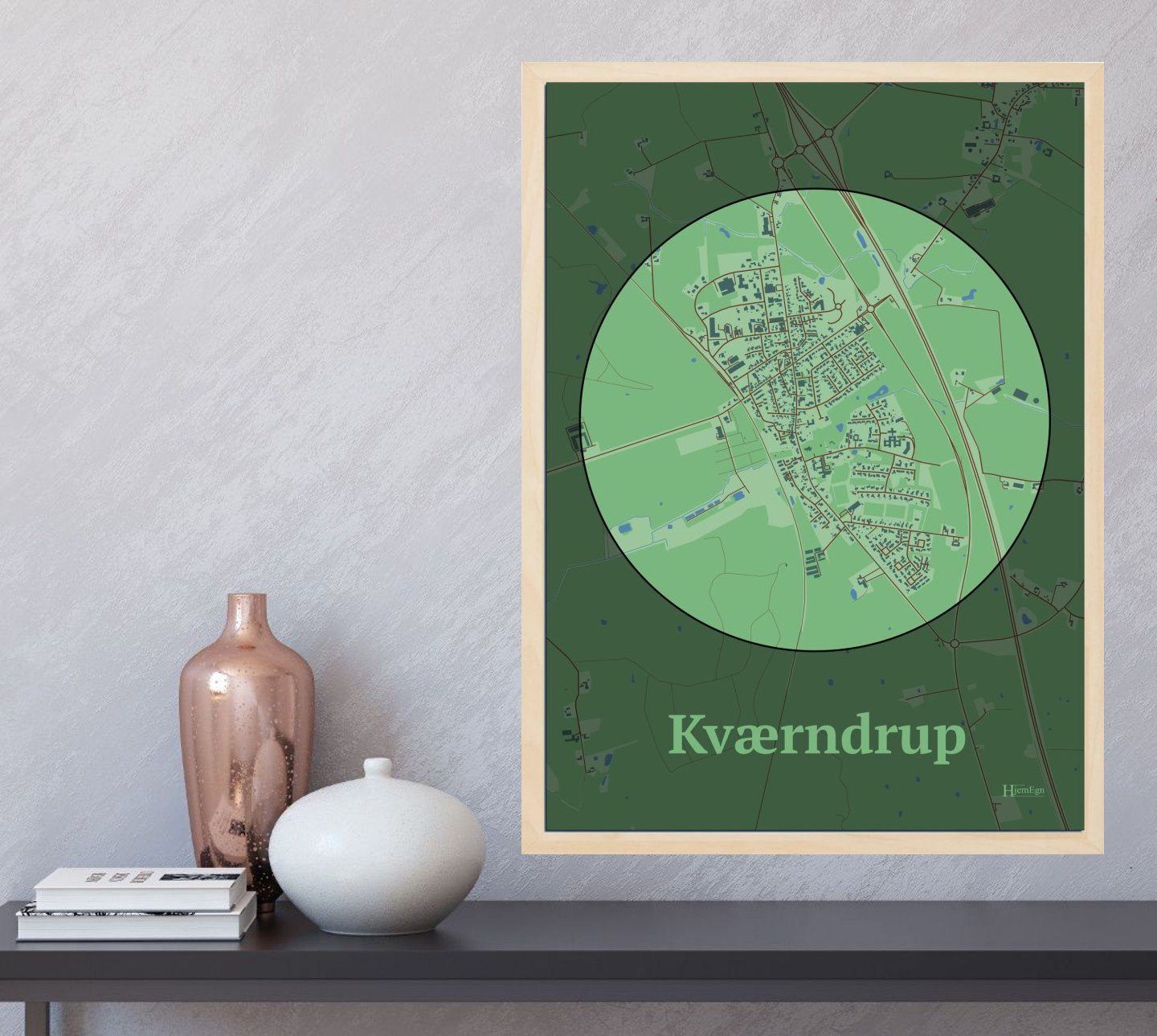 Kværndrup plakat i farve og HjemEgn.dk design centrum. Design bykort for Kværndrup