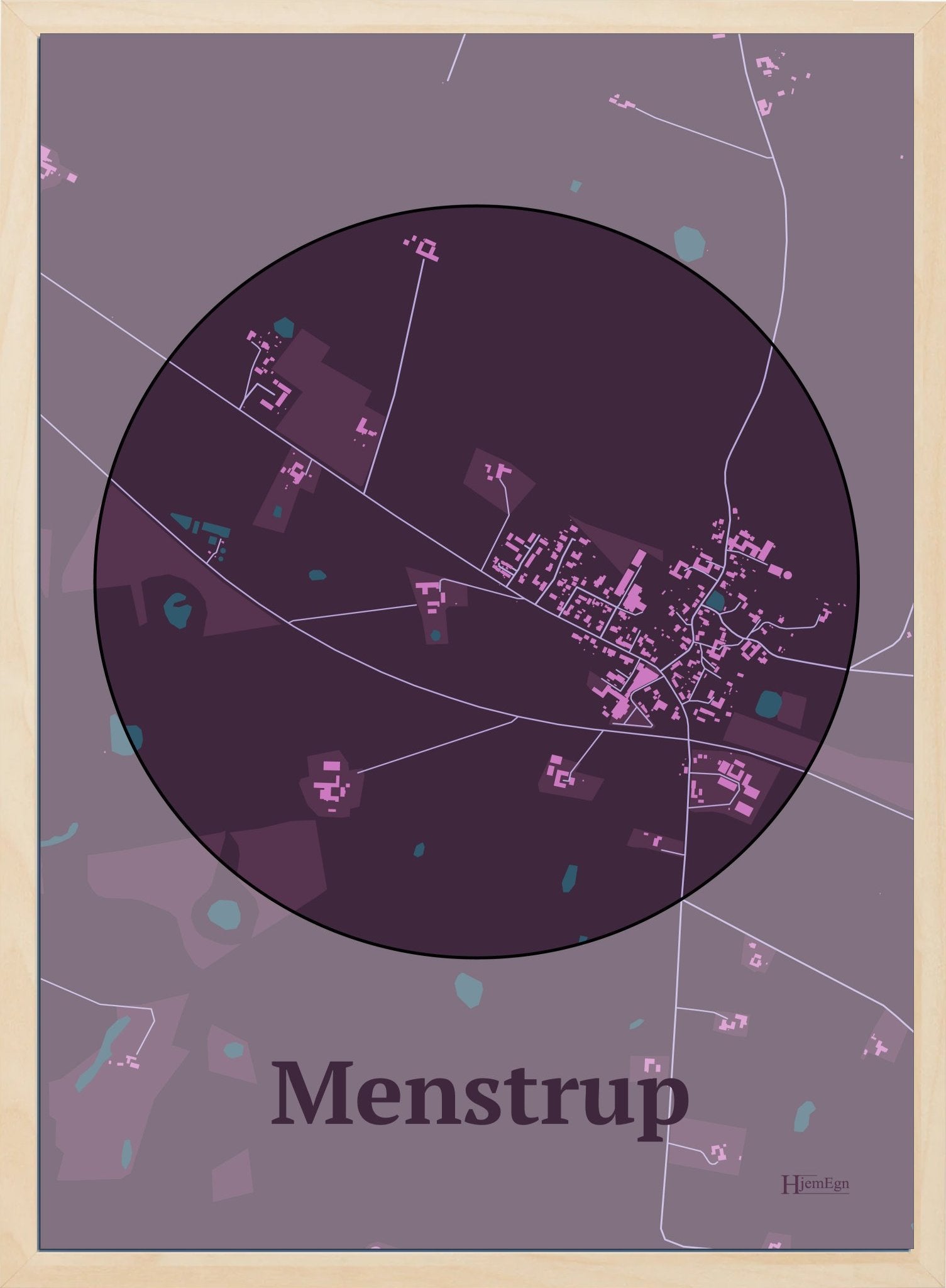 Menstrup plakat i farve mørk rød og HjemEgn.dk design centrum. Design bykort for Menstrup