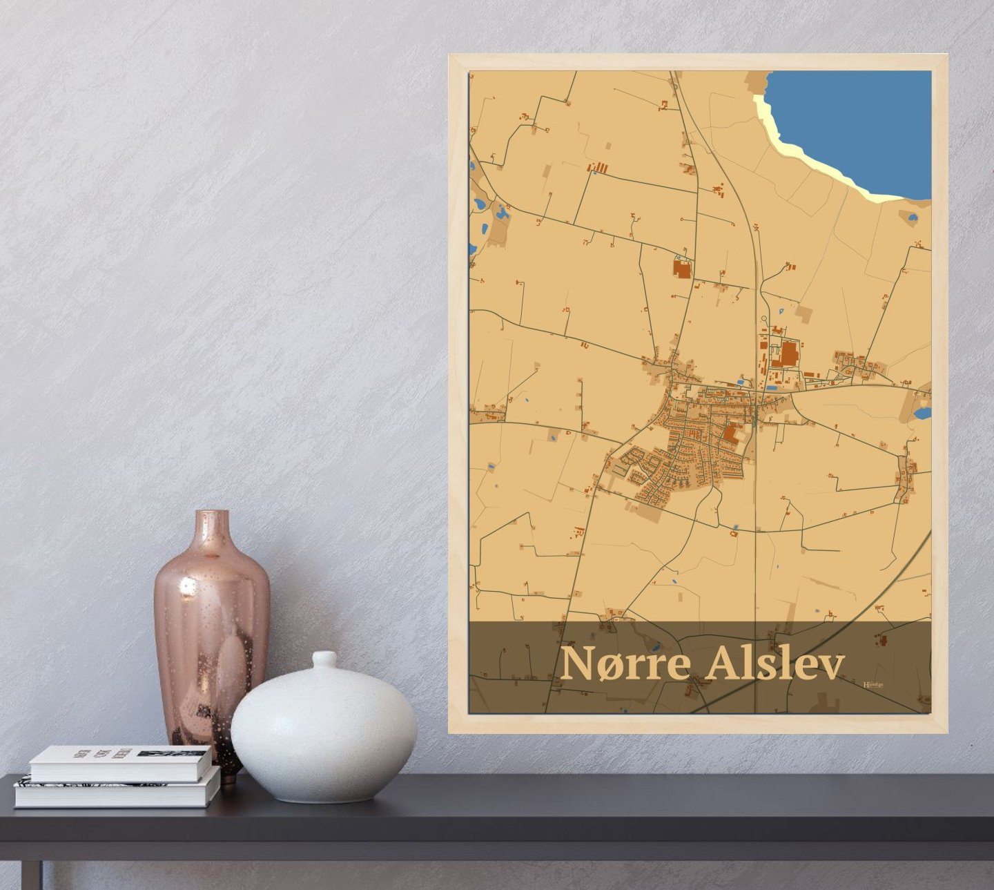 Nørre Alslev plakat i farve og HjemEgn.dk design firkantet. Design bykort for Nørre Alslev