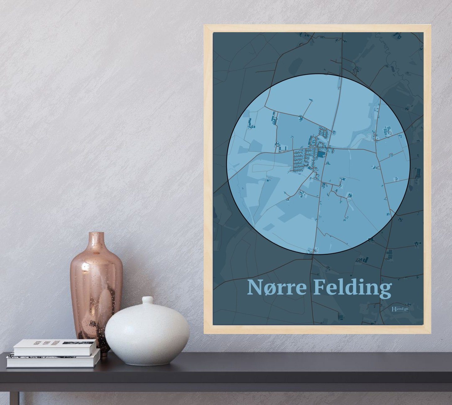 Nørre Felding plakat i farve og HjemEgn.dk design centrum. Design bykort for Nørre Felding