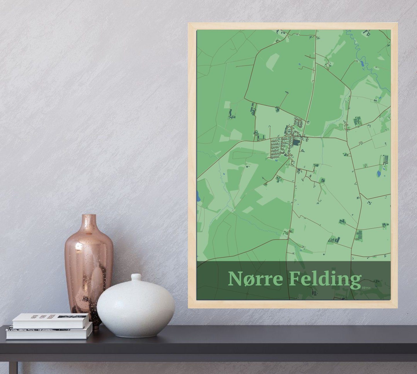 Nørre Felding plakat i farve og HjemEgn.dk design firkantet. Design bykort for Nørre Felding