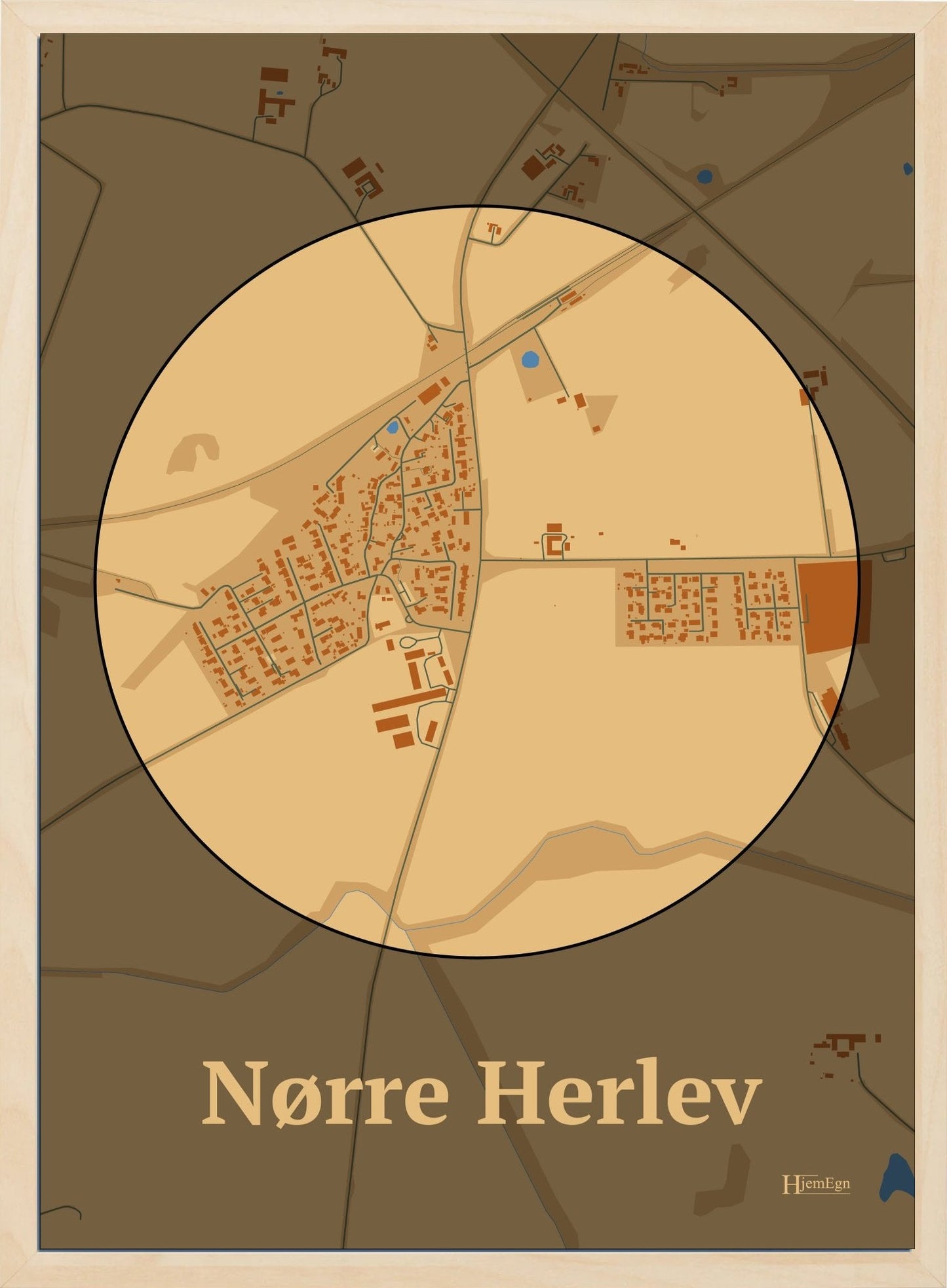 Nørre Herlev plakat i farve pastel brun og HjemEgn.dk design centrum. Design bykort for Nørre Herlev