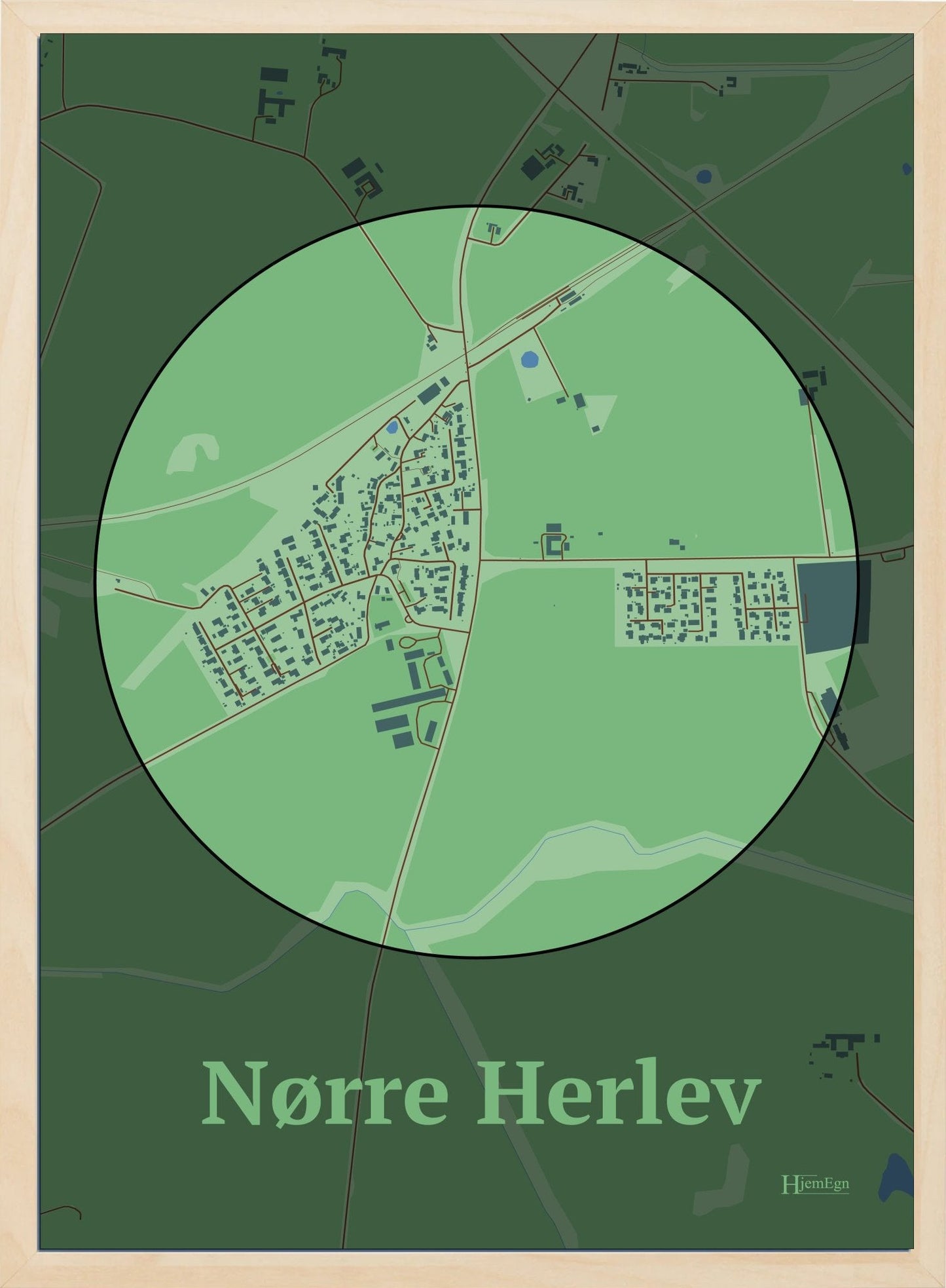 Nørre Herlev plakat i farve pastel grøn og HjemEgn.dk design centrum. Design bykort for Nørre Herlev