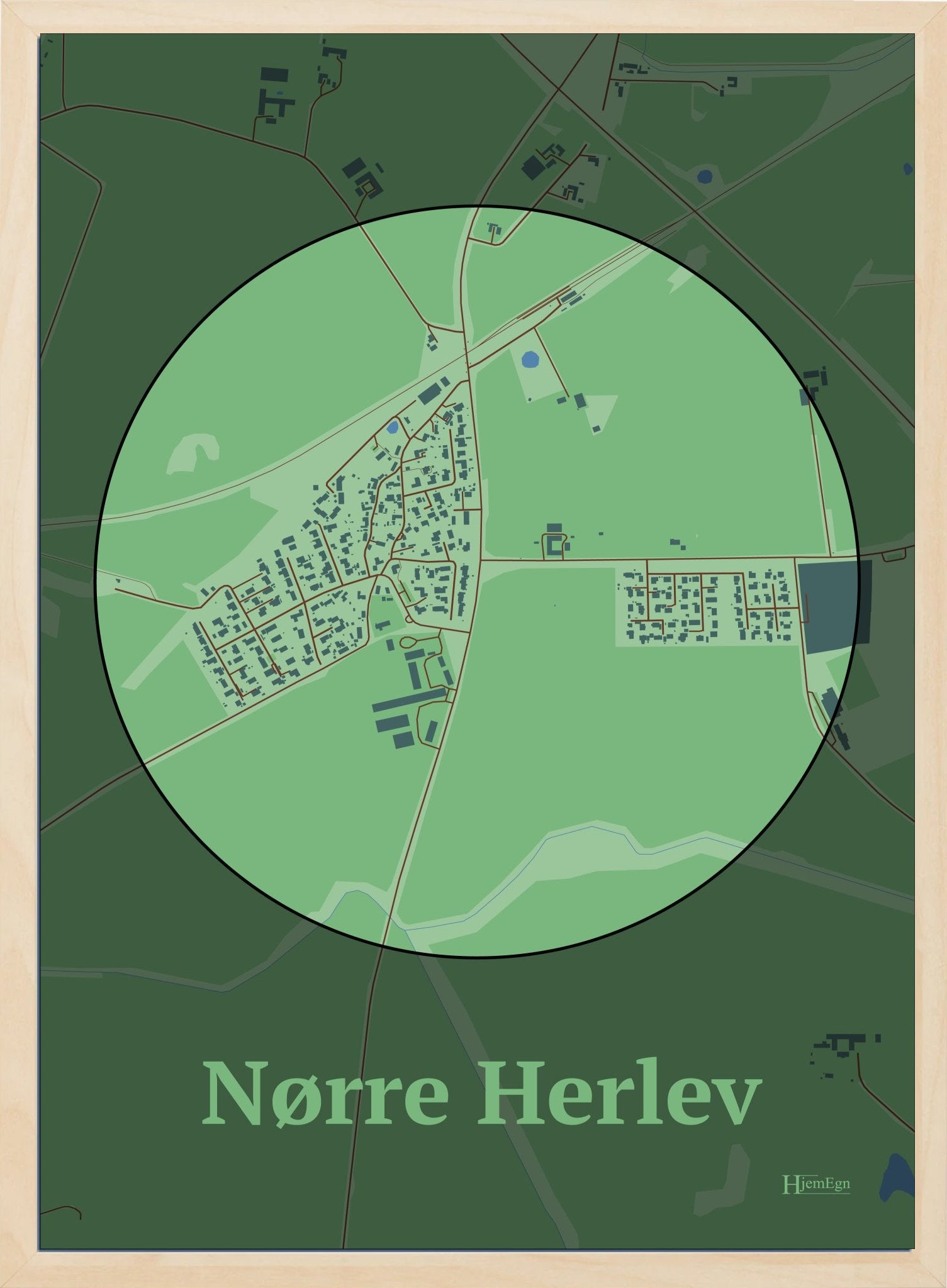 Nørre Herlev plakat i farve pastel grøn og HjemEgn.dk design centrum. Design bykort for Nørre Herlev