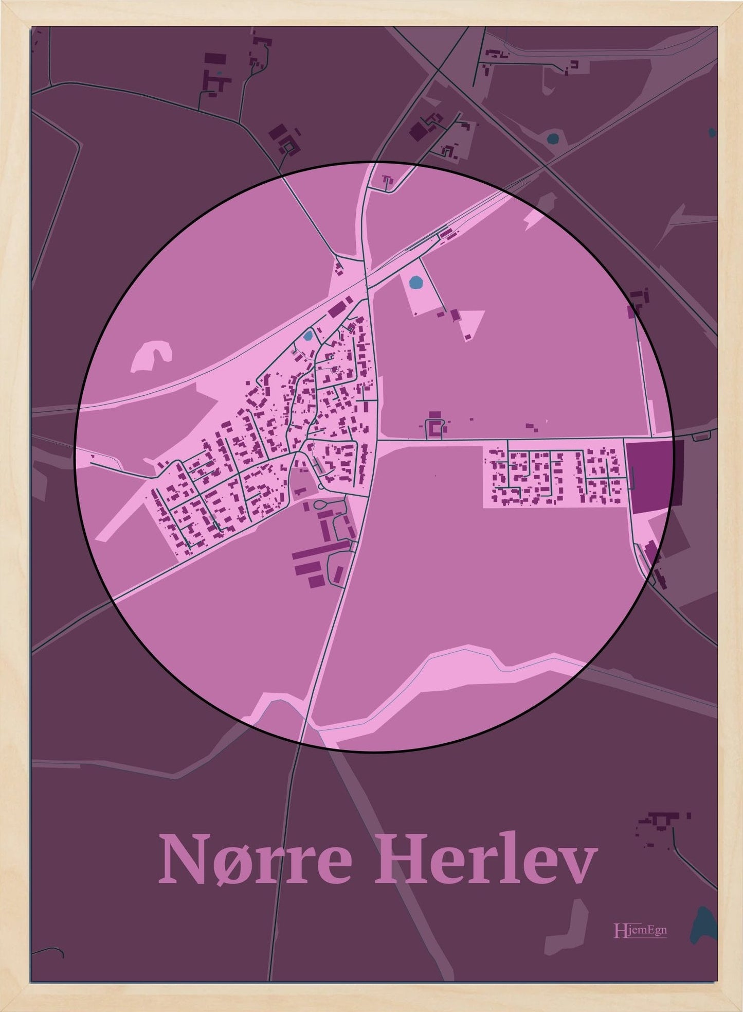 Nørre Herlev plakat i farve pastel rød og HjemEgn.dk design centrum. Design bykort for Nørre Herlev
