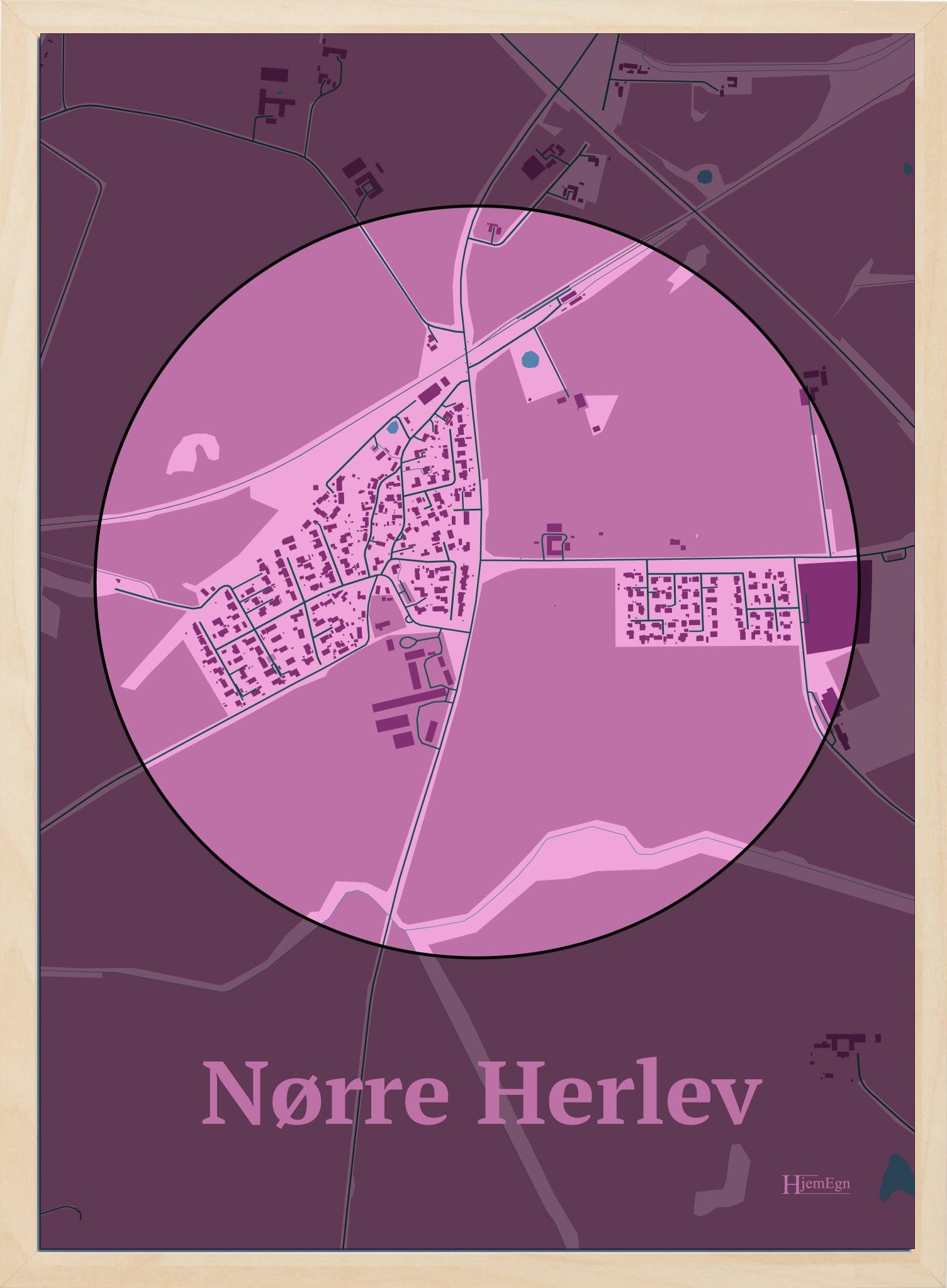 Nørre Herlev plakat i farve pastel rød og HjemEgn.dk design centrum. Design bykort for Nørre Herlev