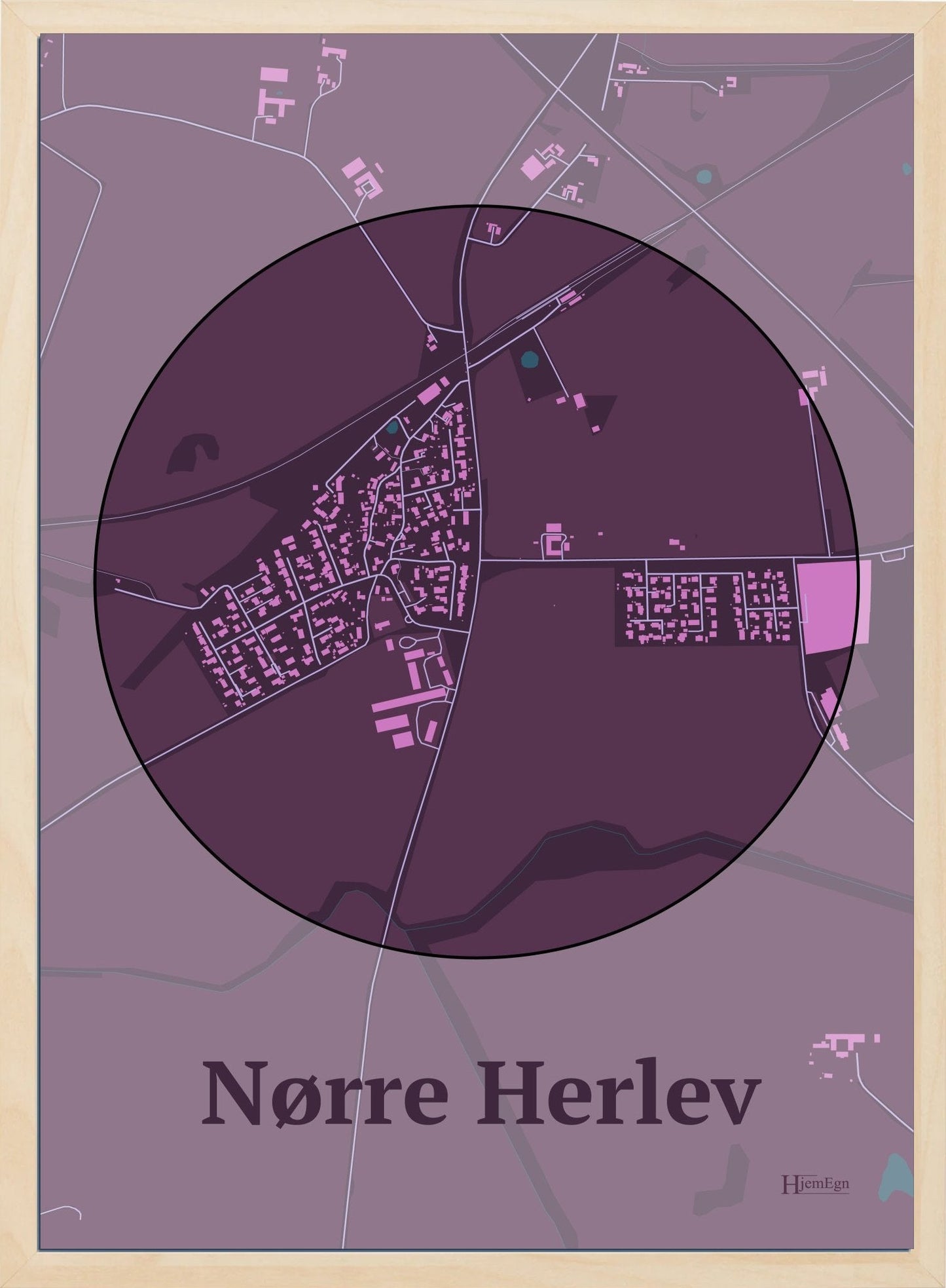 Nørre Herlev plakat i farve mørk rød og HjemEgn.dk design centrum. Design bykort for Nørre Herlev