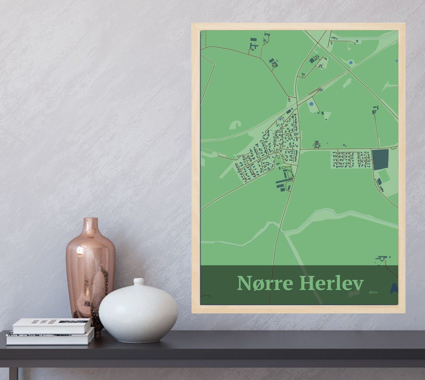 Nørre Herlev plakat i farve og HjemEgn.dk design firkantet. Design bykort for Nørre Herlev