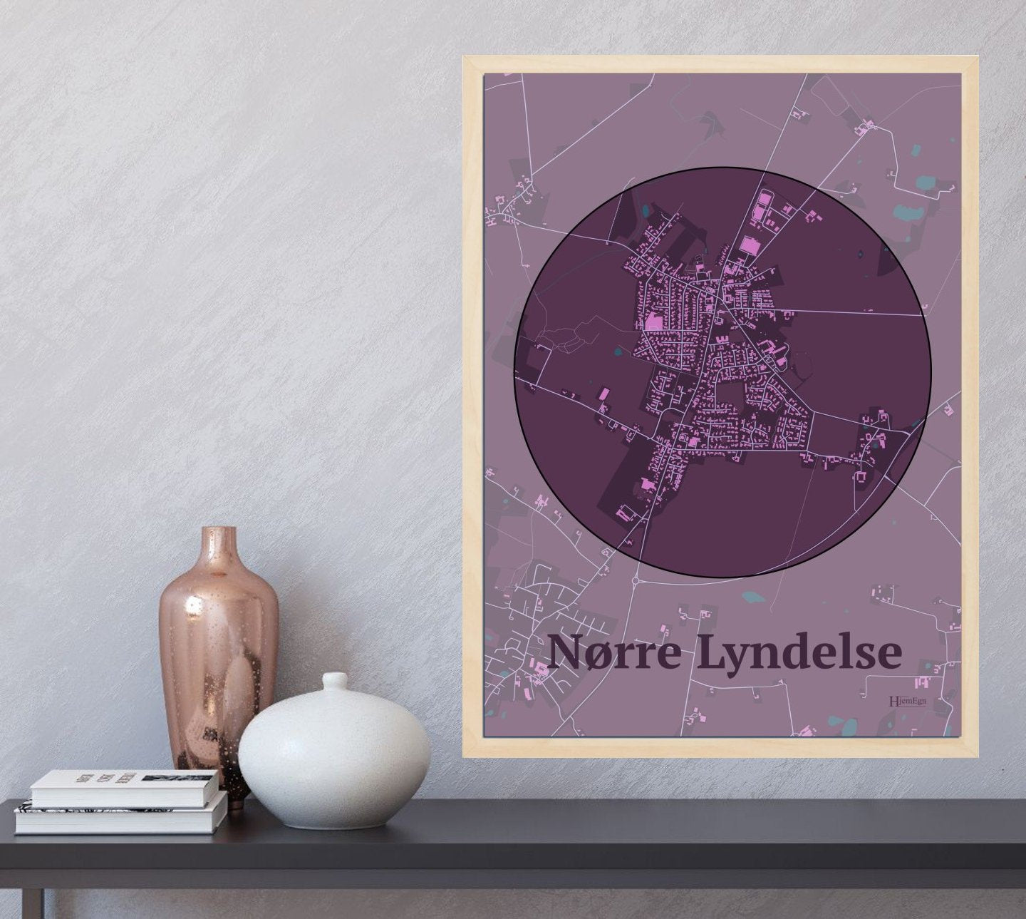 Nørre Lyndelse plakat i farve og HjemEgn.dk design centrum. Design bykort for Nørre Lyndelse