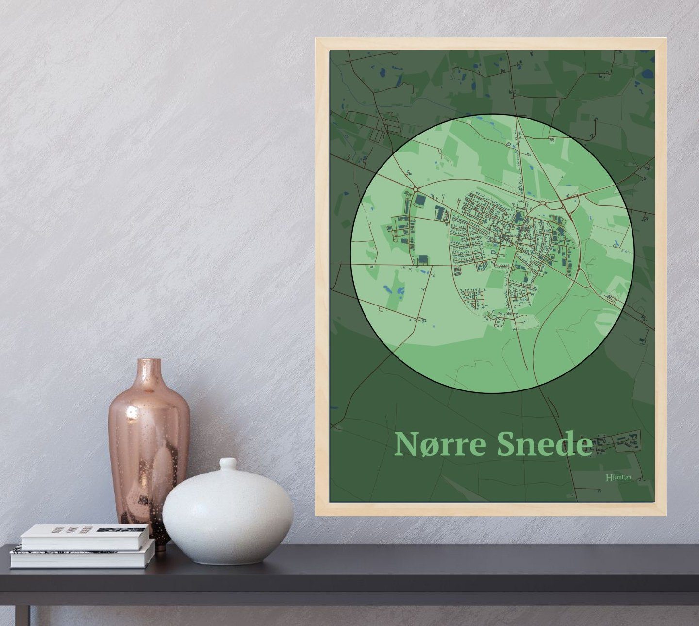Nørre Snede plakat i farve og HjemEgn.dk design centrum. Design bykort for Nørre Snede