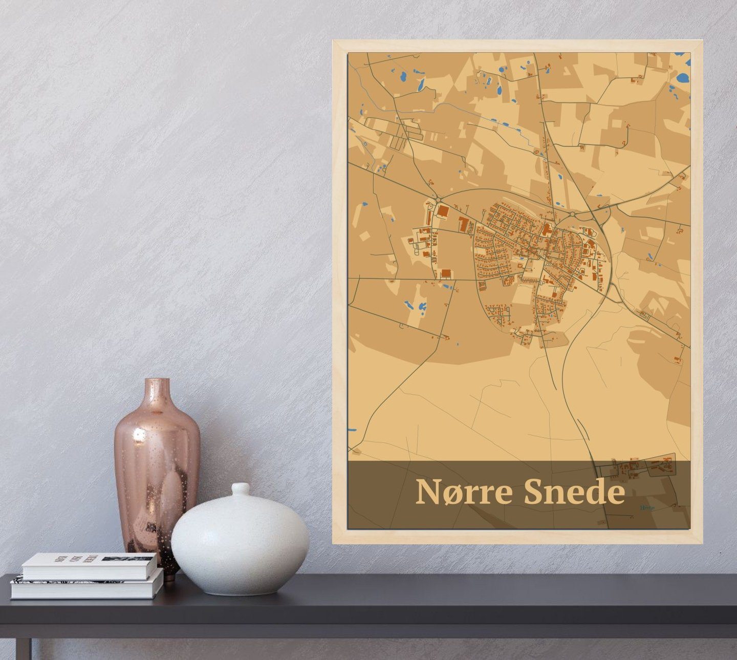 Nørre Snede plakat i farve og HjemEgn.dk design firkantet. Design bykort for Nørre Snede