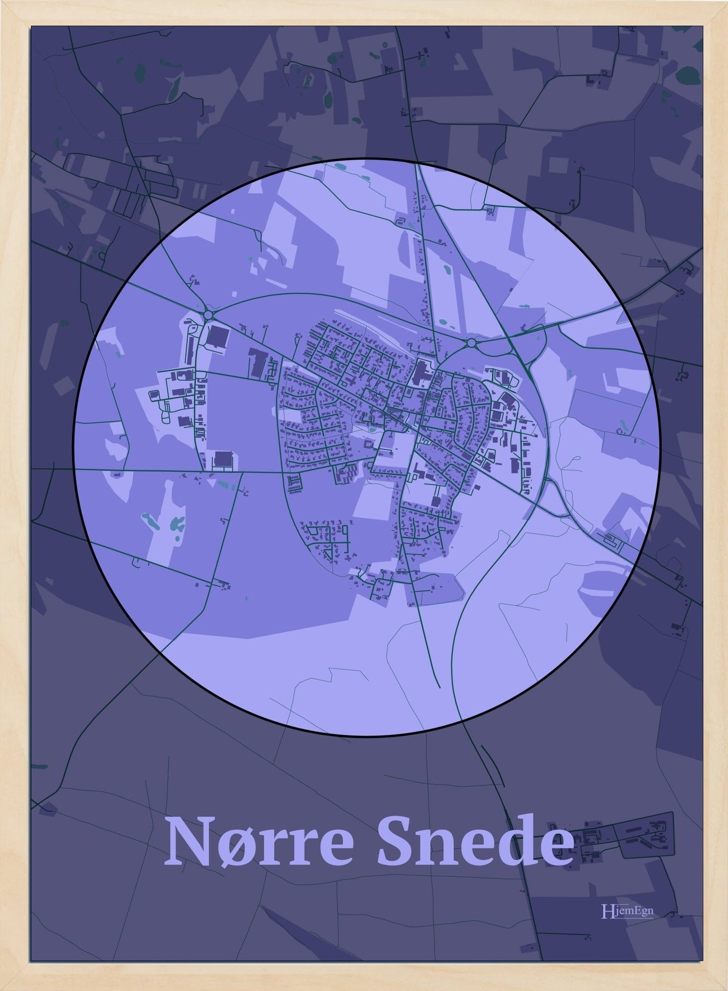 Nørre Snede plakat i farve pastel lilla og HjemEgn.dk design centrum. Design bykort for Nørre Snede