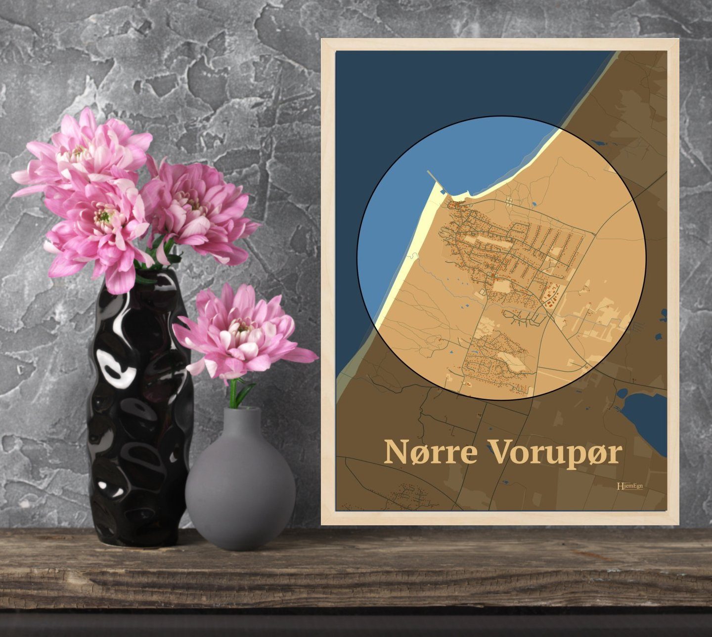 Nørre Vorupør plakat i farve og HjemEgn.dk design centrum. Design bykort for Nørre Vorupør