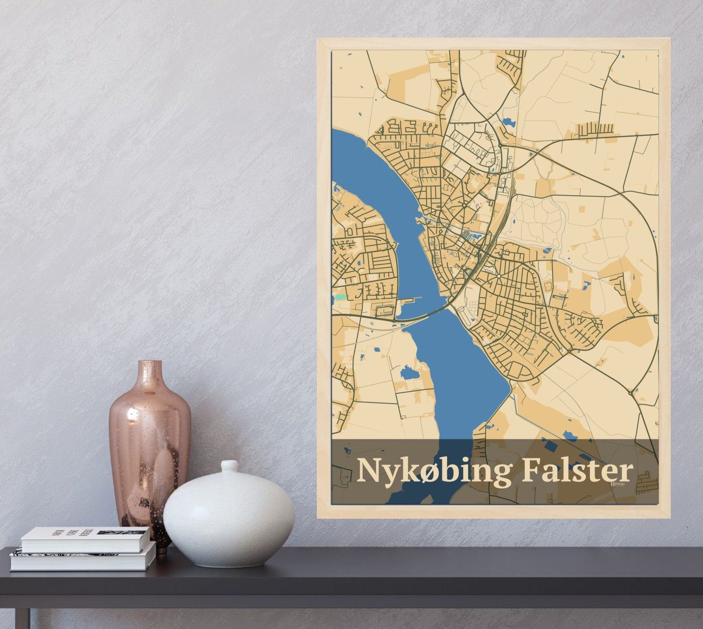 Nykøbing Falster plakat i farve og HjemEgn.dk design firkantet. Design bykort for Nykøbing Falster