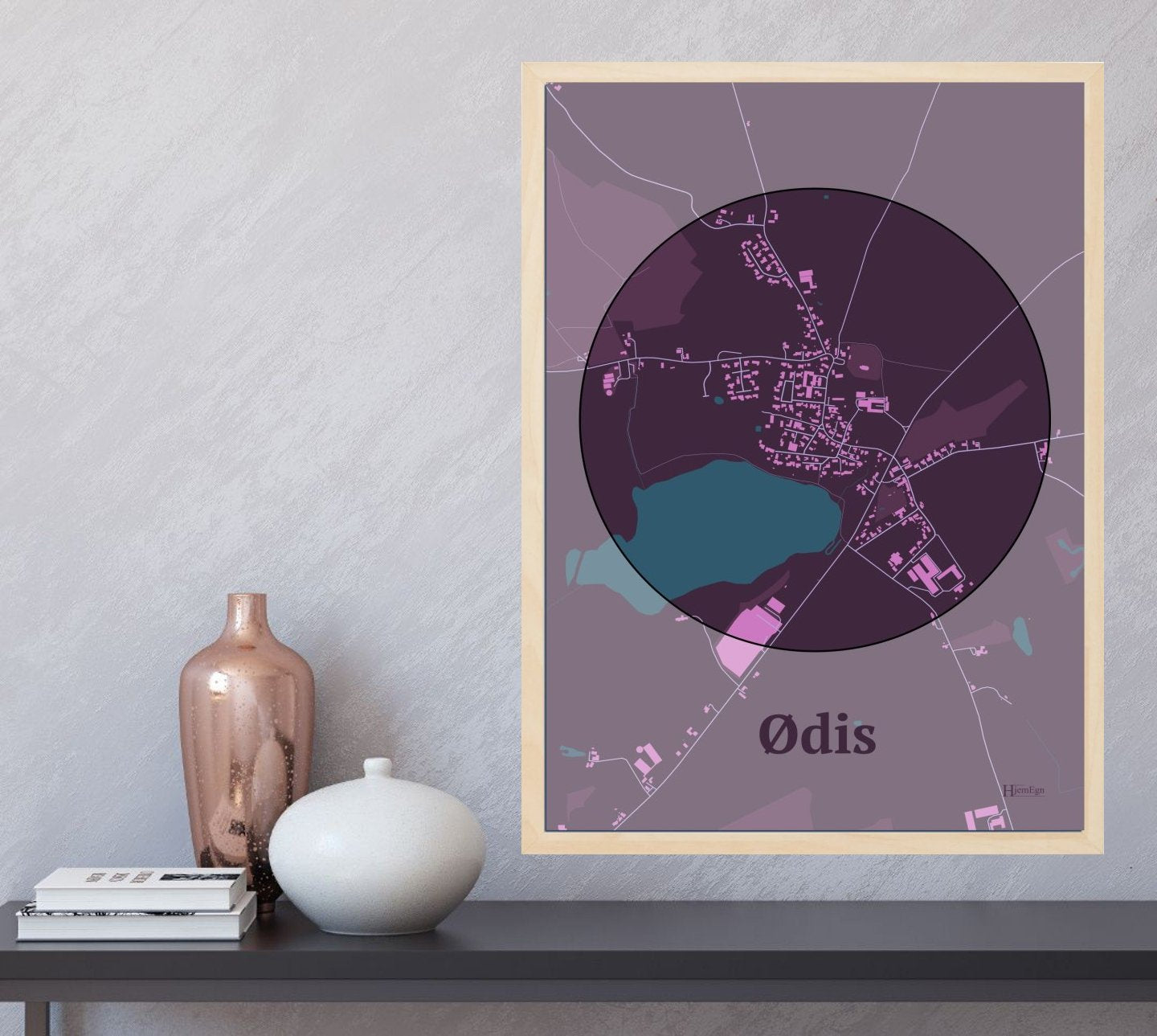 Ødis plakat i farve og HjemEgn.dk design centrum. Design bykort for Ødis